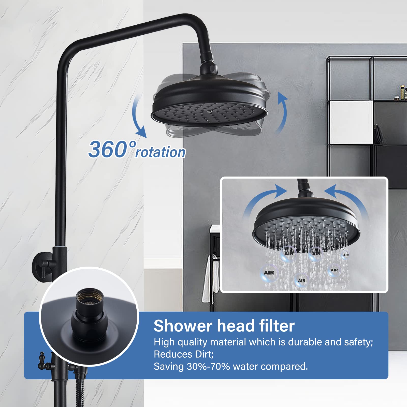 AlenArt Matte Black Outdoor Shower Faucet Set - 8 Inch Rainfall Shower Head with Handheld Spray, Tub Spout & Double Cross Handle - Wall Mounted Bathroom Fixture for Patio, Poolside & Garden Use