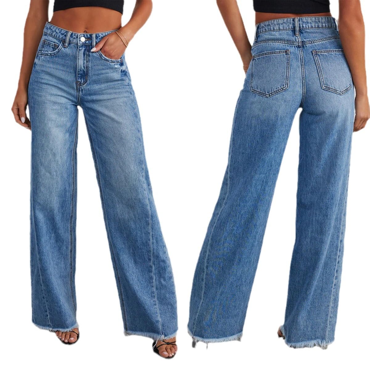 Women's High Waisted Wide Leg Jeans - Stretchy Raw Hem Denim Pants for Casual Wear & Street Style Outfits