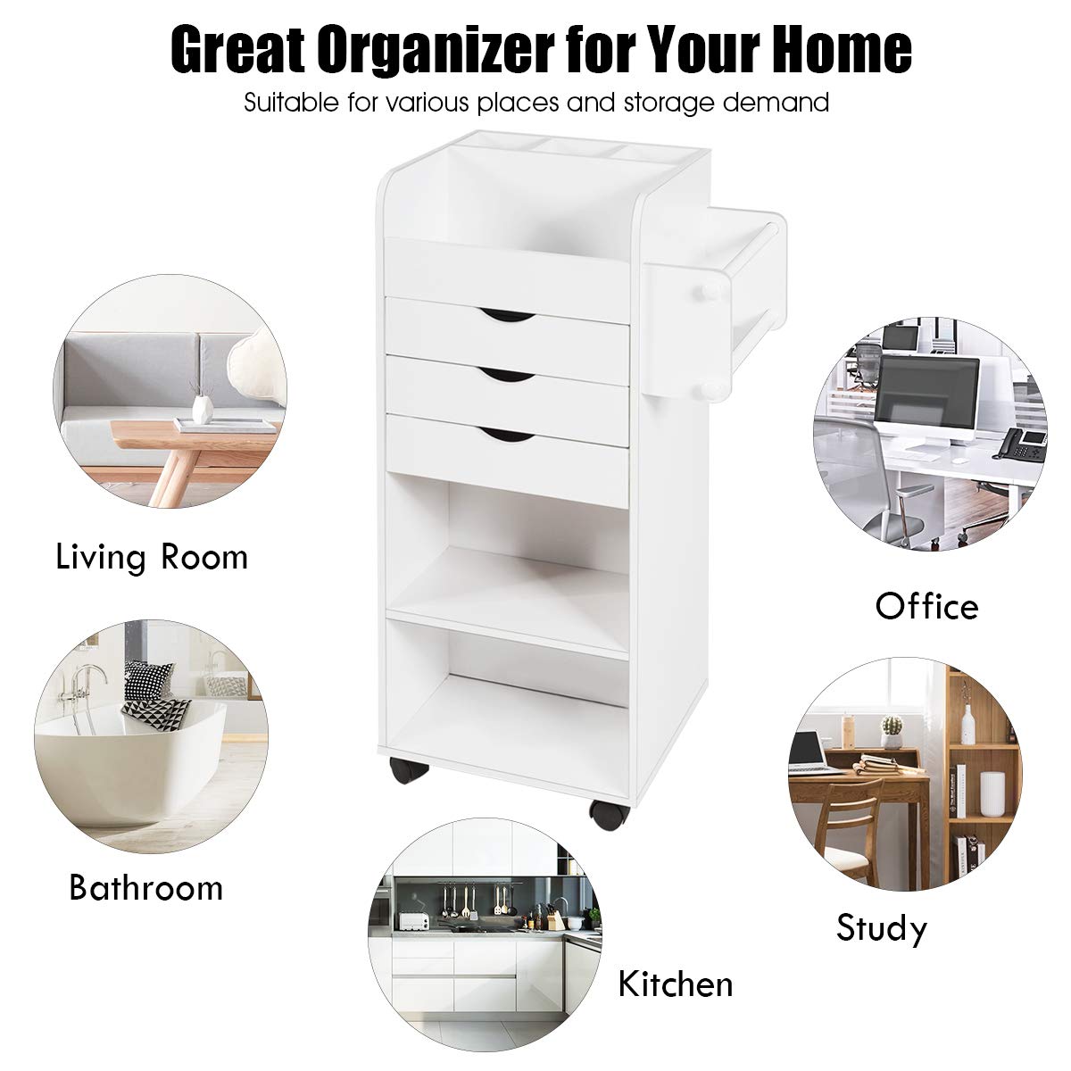 Tangkula 3-Drawer Rolling Storage Cart with Lockable Casters - Wooden Mobile Utility Cabinet with 3 Open Shelves for Home Office Organization - Perfect for Office Supplies, Craft Storage & Kitchen Pantry Organization