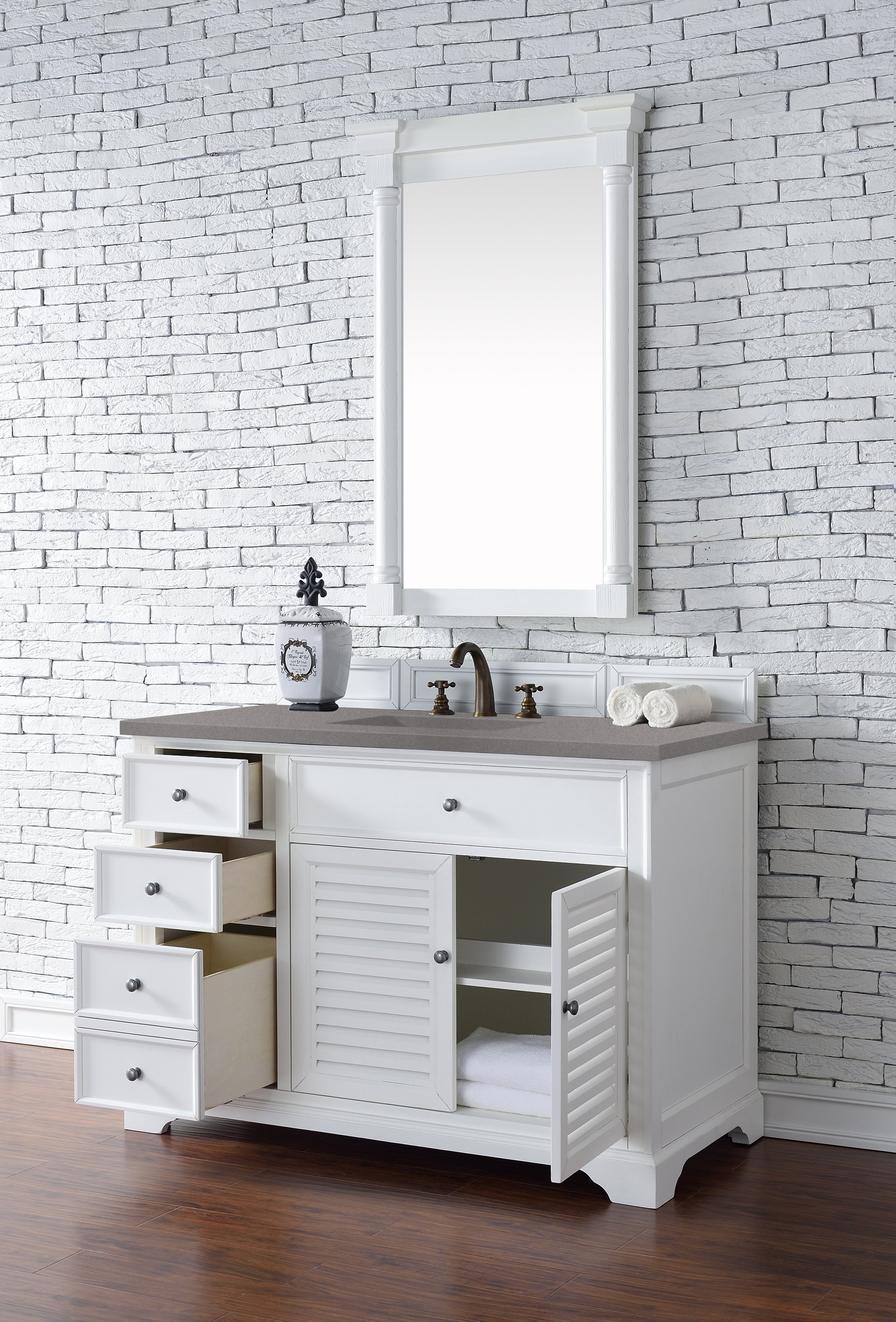 Savannah 48 Inch Single Bathroom Vanity Cabinet in Bright White with 3CM Gray Expo Quartz Countertop - Perfect for Modern Home Bathroom Renovation and Upgrade