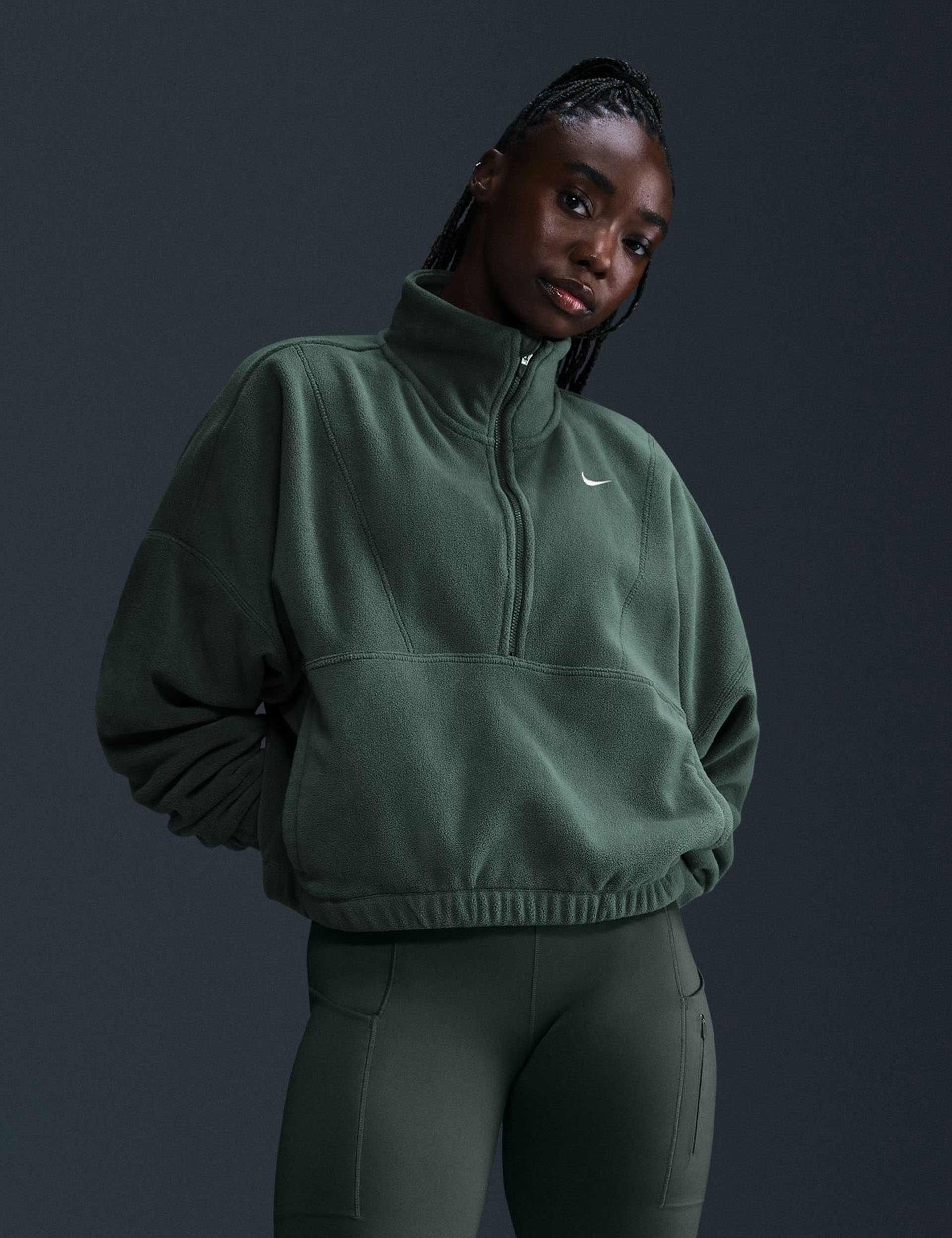 Oversized 1/2 Zip Fleece Pullover - Vintage Green & White | Cozy Winter Layering, Casual Outfit, Streetwear Fashion