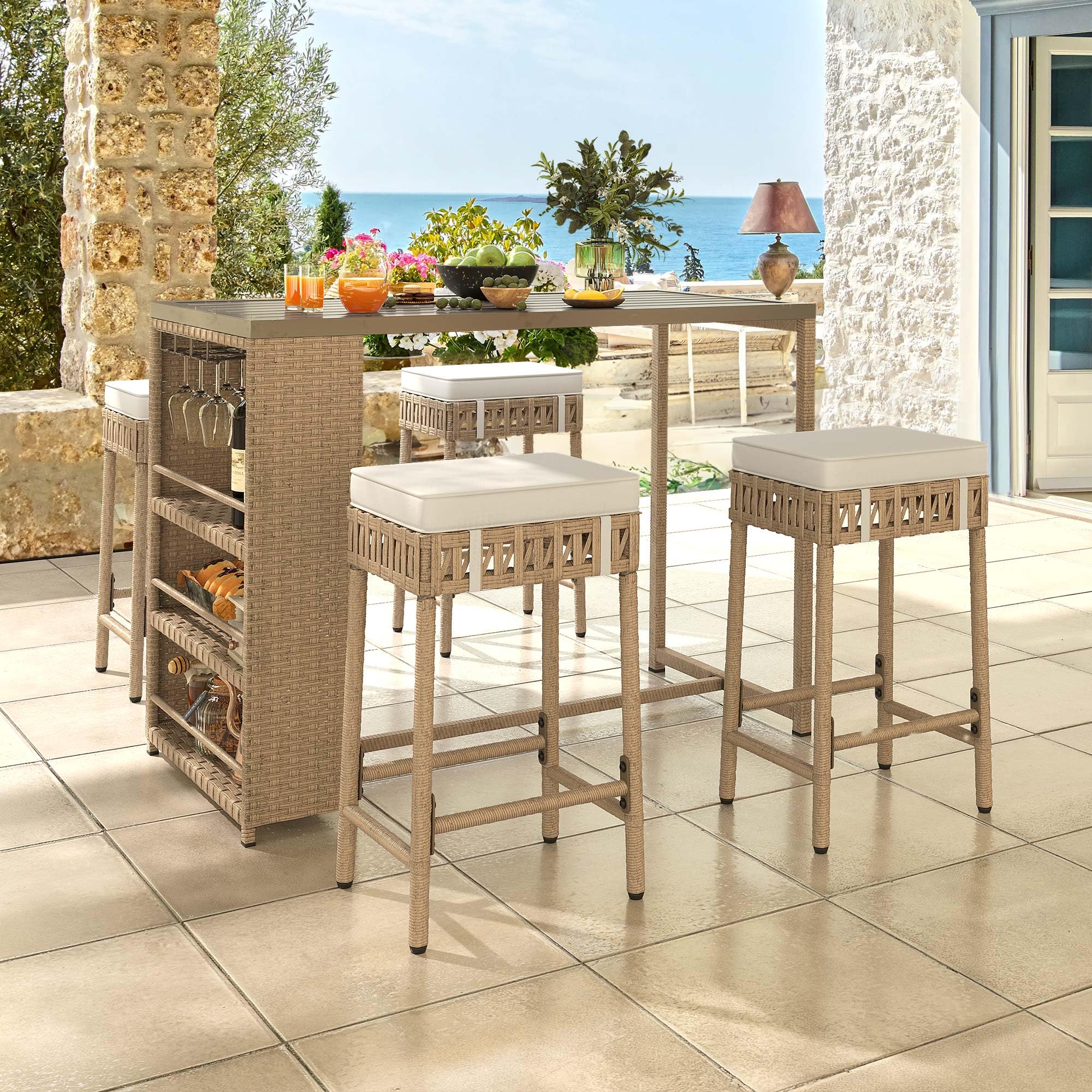 YITAHOME 5-Piece Outdoor Patio Bar Set with High Top Table, 4 Chairs, Wine Glass Holder & Soft Cushions - All-Weather Wicker Furniture for Backyard, Garden, Balcony or Deck - Beige Rattan Bistro Set for Entertaining Guests & Relaxing Outdoors