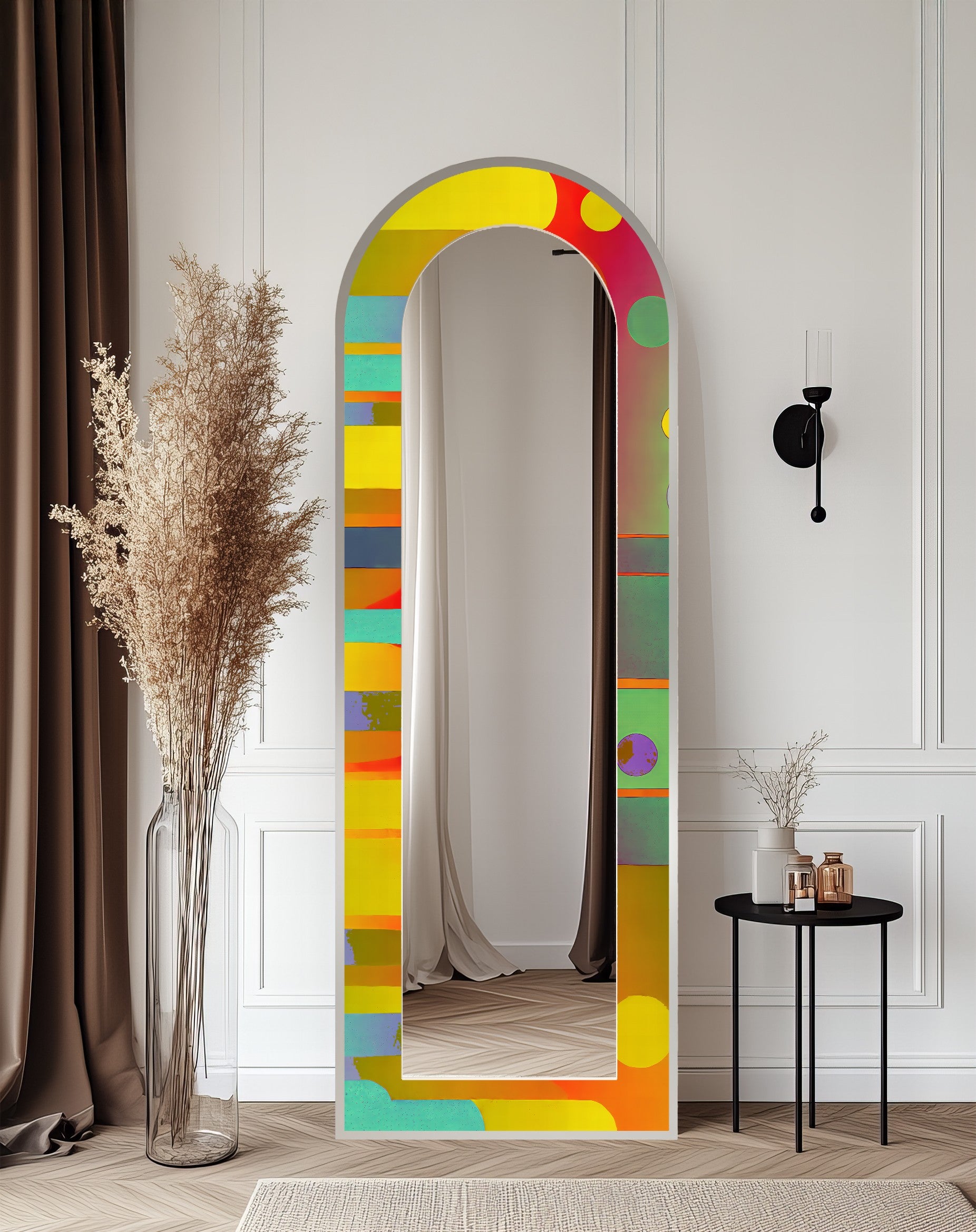 Abstract Circle and Stripe Full Length Floor Mirror - Modern Decorative Wall Mirror for Bedroom, Living Room & Entryway