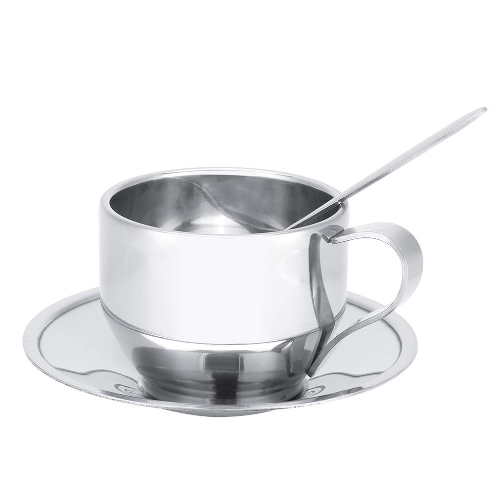 Premium Stainless Steel Espresso Cups and Saucers Set - Double Wall Insulated Coffee Mugs for Hot Tea, Milk & Espresso - Includes Spoon - Perfect for Home, Office & Cafe Use