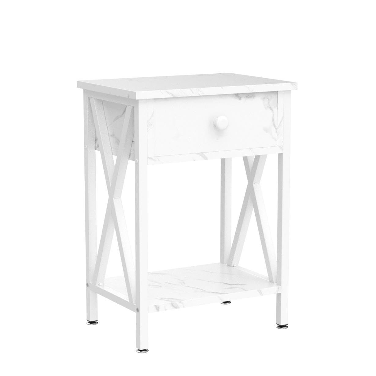 Modern Nightstand Set of 2 with Storage Drawer - Industrial Metal Frame Side Table for Bedroom & Living Room - White End Tables for Small Spaces, Apartment Decor & Guest Room Essentials