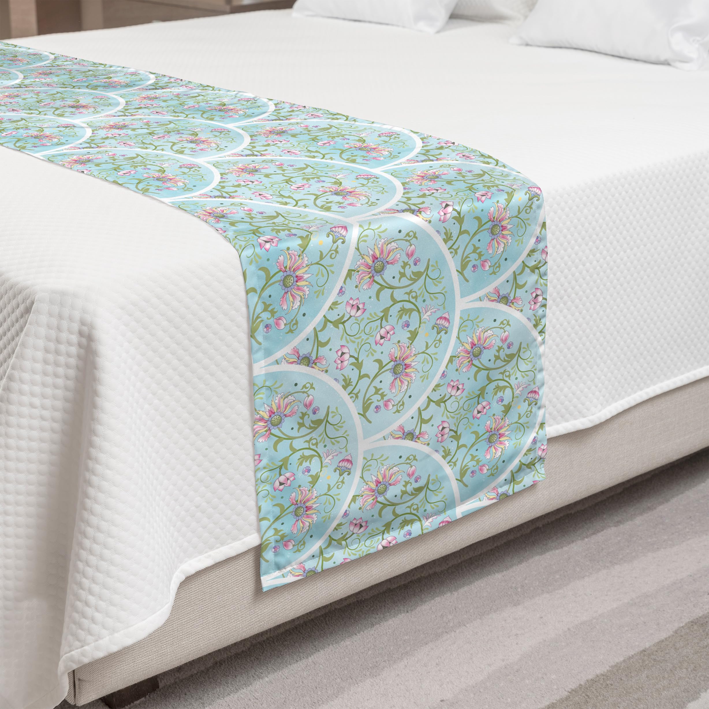 Ambesonne Floral Bed Runner - Chinese Oriental Blossom Flowers in Arching Frames, Decorative Queen Size Bed Scarf for Hotels, Homes & Guestrooms - Pale Blue & Multicolor - Perfect for Spring Decor, Wedding Bedding & Boho Chic Home Styling