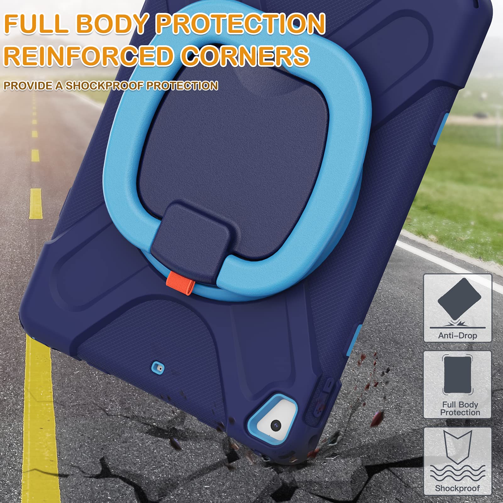 BRAECN Shockproof iPad Case for iPad 9.7 Inch (6th/5th Gen), iPad Pro 9.7, iPad Air 2 - Heavy Duty Protective Cover with Kickstand, Hand Grip, Pencil Holder & Shoulder Strap - Perfect for Kids, Students & Travel (Navy Blue)