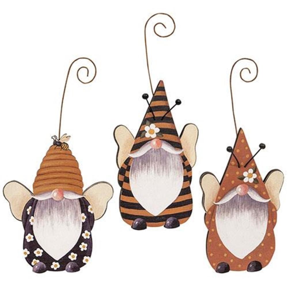 Handmade Gnome Bee Wooden Ornament with Hanger - 3 Assorted Designs - Perfect for Christmas Tree Decor, Garden Gnome Collection & Bee Lover Gifts