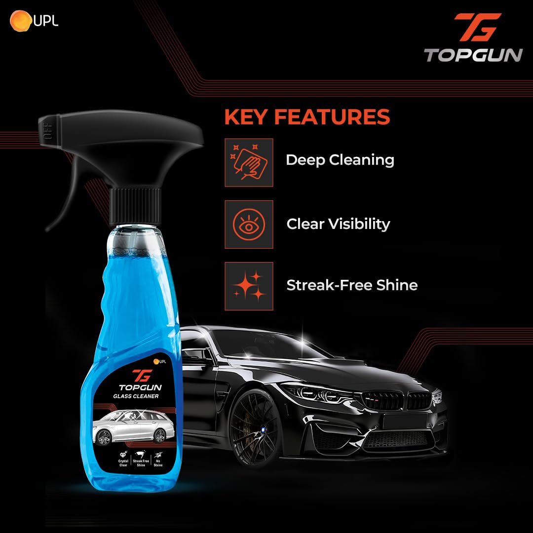 TOPGUN Glass Cleaner 250ml - Streak-Free Formula for Windows, Mirrors & Glass Surfaces | Removes Mud, Dirt, Grease & Fingerprints | Perfect for Home, Office & Car Cleaning