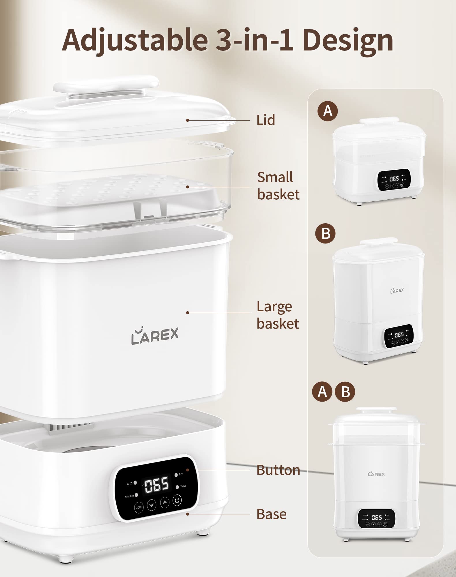 LAREX 4-in-1 Electric Baby Bottle Sterilizer and Dryer - Steam Sanitizer for Bottles, Pacifiers & Breast Pump Accessories | Safe & Fast Sterilization for Newborns | Perfect for Home, Nursery & Travel Use