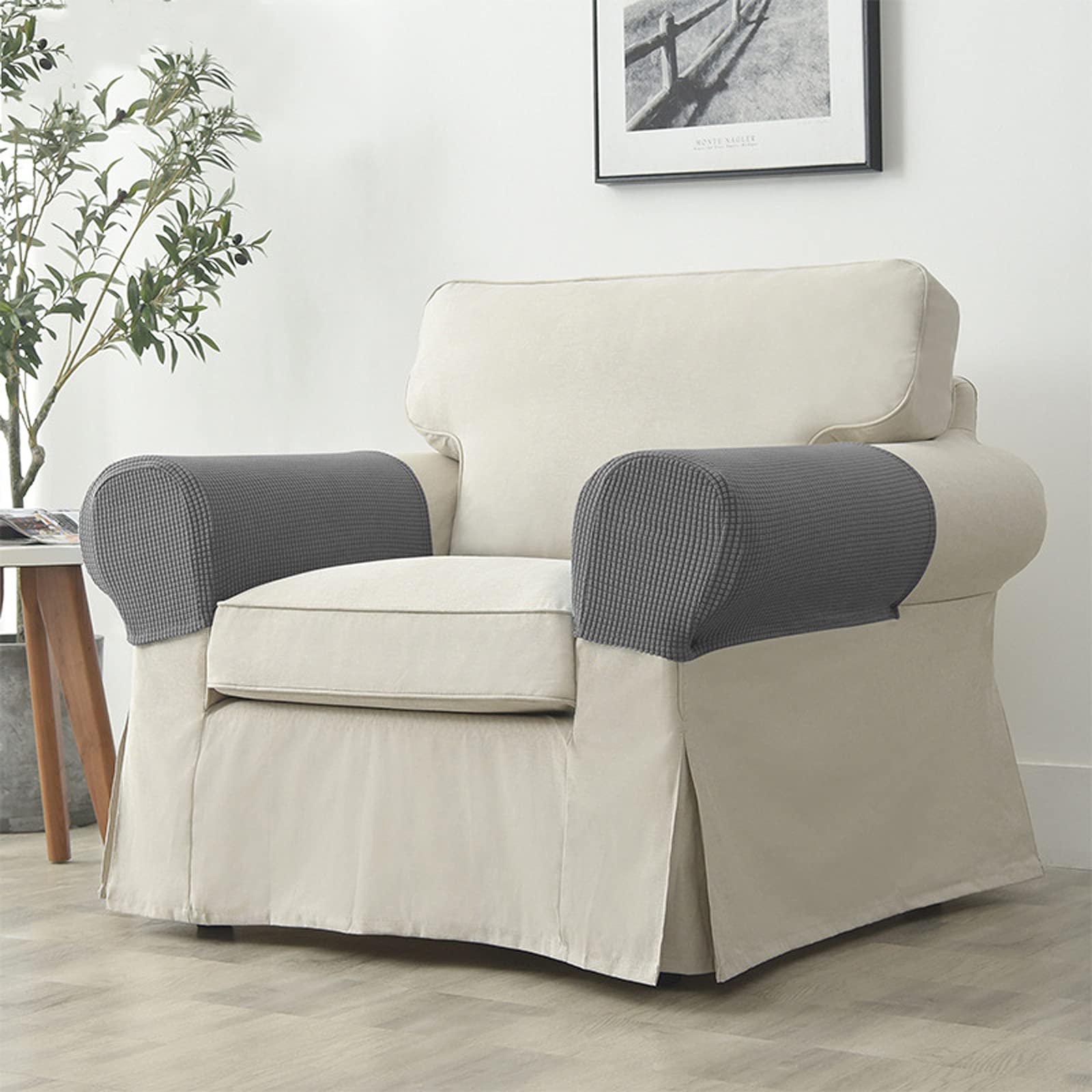 Stretchable Non-Slip Sofa Armrest Covers - 1 Pair Beige Spandex Recliner & Armchair Protectors | Perfect for Living Room Furniture, Couch Protection & Home Decor