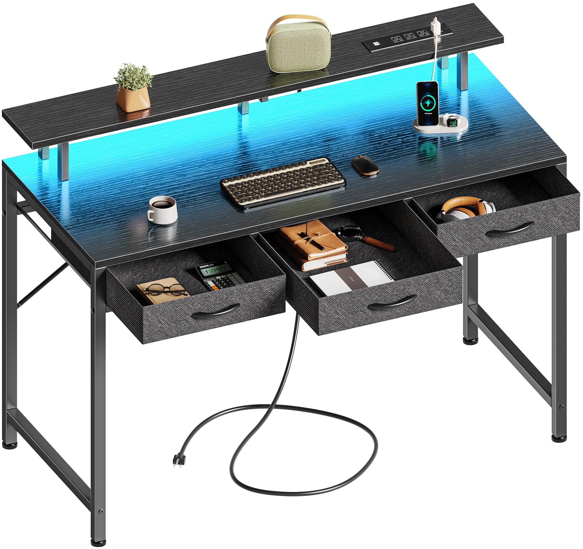 47 Inch Black Computer Desk with 3 Drawers & LED Lights - Home Office Desk with Power Outlets & Storage Space - Perfect for Gaming, Work from Home & Bedroom Study