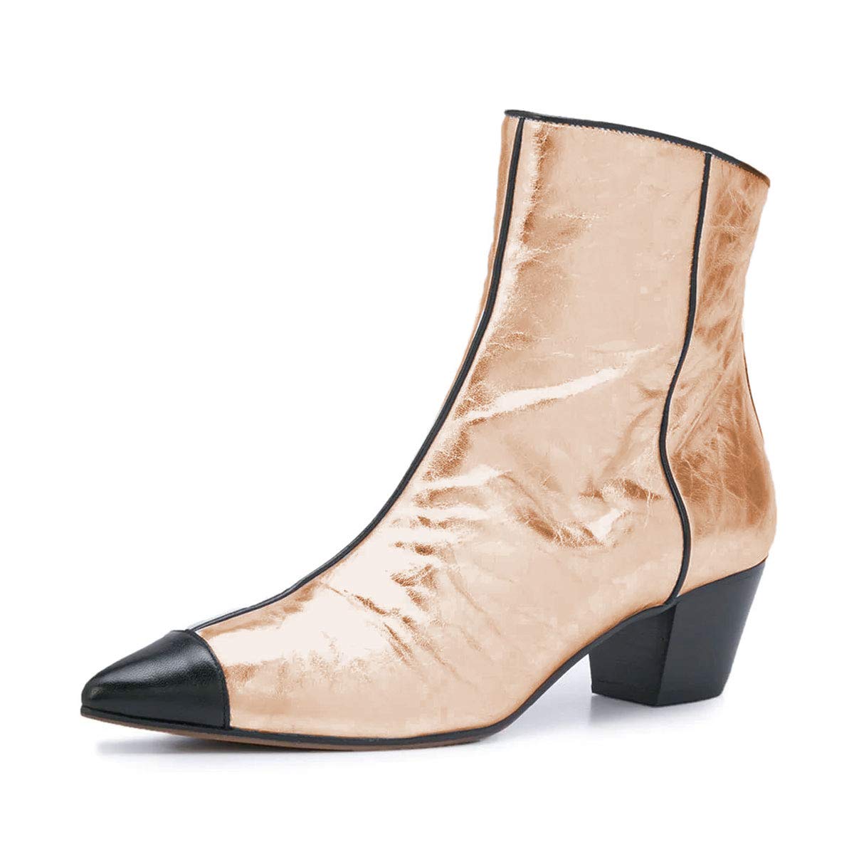 YDN Women's Sexy Pointed Toe Chunky Low Heel Ankle Boots - Trendy Cap Toe Side Zipper Booties for Winter | Slip On Dress Shoes for Office, Party & Night Out