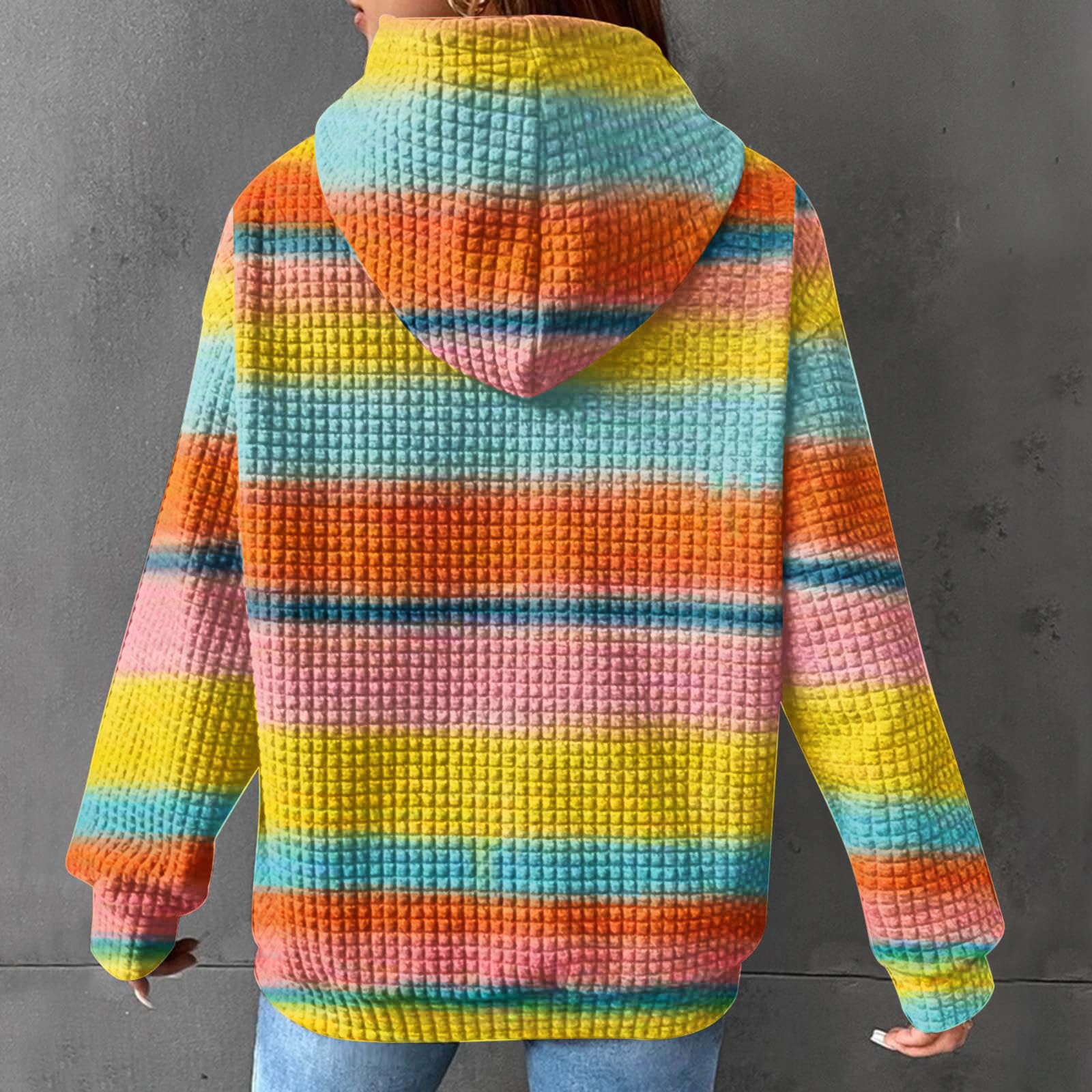 Women's Color Block Hoodie - Long Sleeve Round Neck Pullover Sweatshirt with Drawstring | Loose Fit Waffle Knit Fashion Top | Fall Winter 2023 Trendy Casual Wear for Outdoors, Travel & Street Style