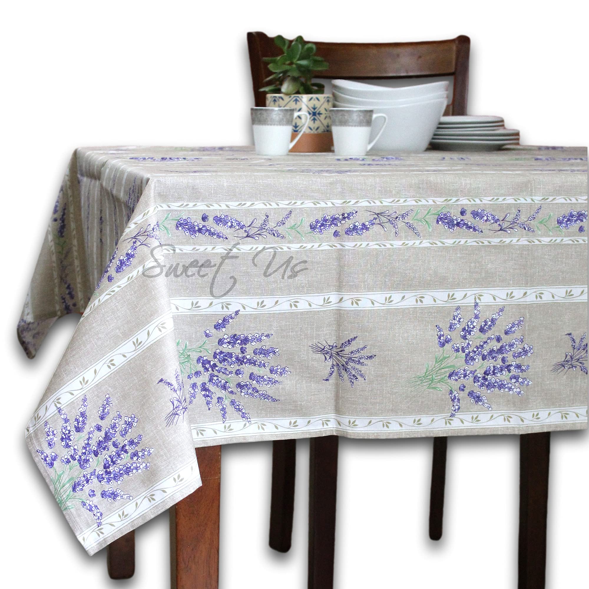 La Cigale Spill-Proof Wipeable Tablecloth - 60x78 Inch Acrylic Coated Cotton Floral French Provencal Design for Rectangle Dining Tables (Taupe Lavender) | Perfect for Indoor/Outdoor Dining, Parties & Everyday Use