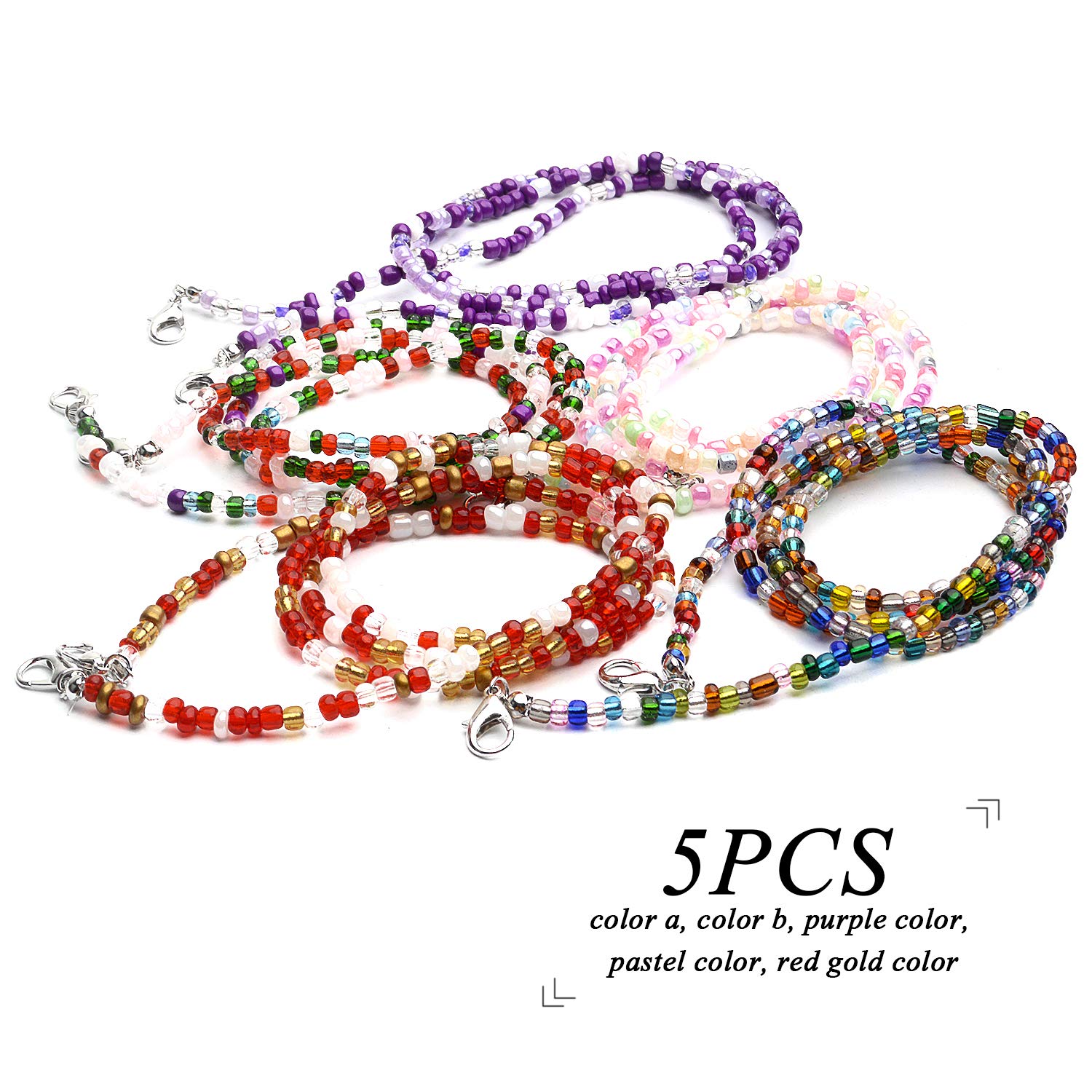 Adjustable Beaded Mask Lanyard - 5pcs 74cm Glasses Chain for Adults & Kids - Home & Travel