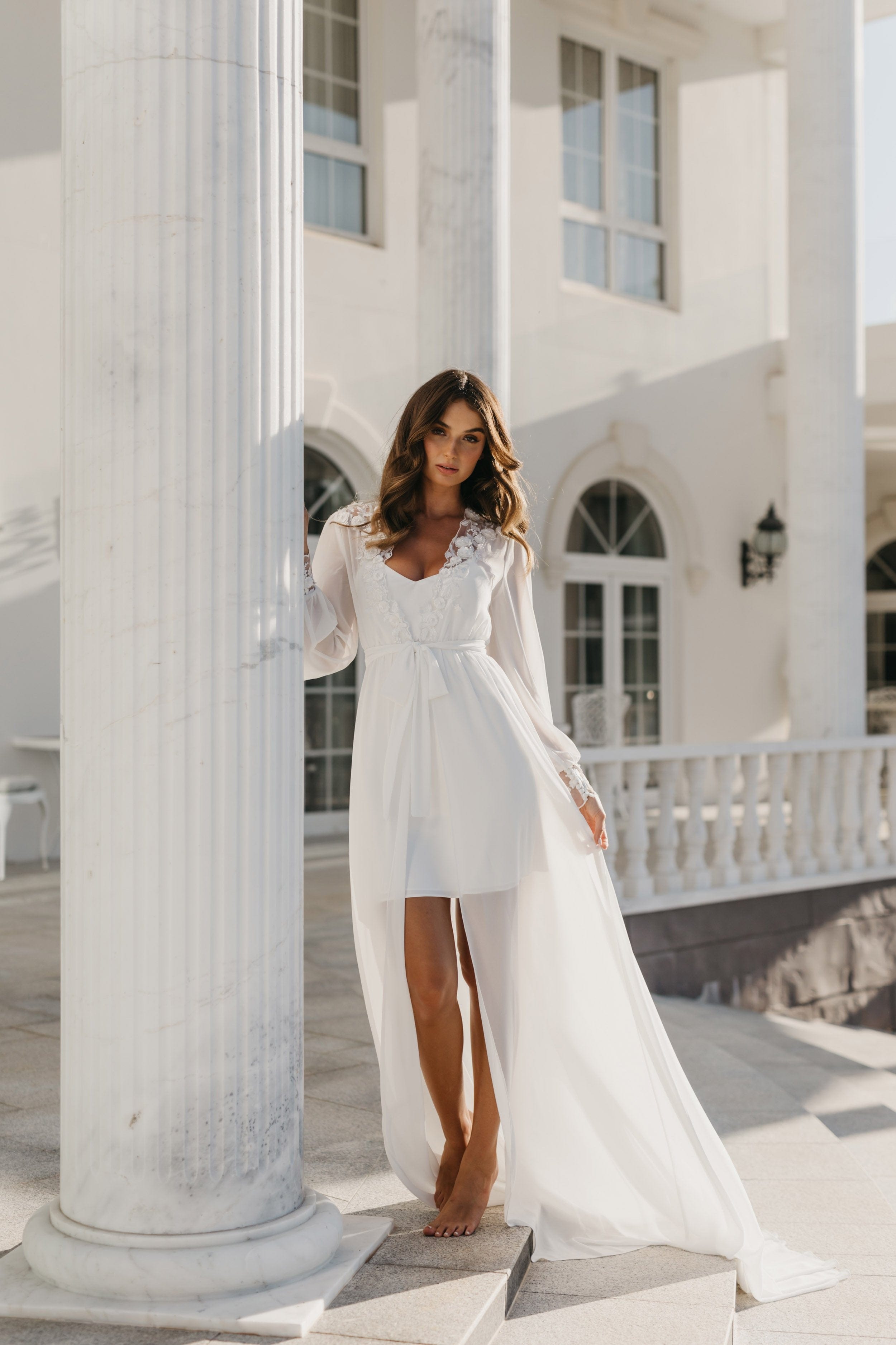 Arianna Beaded Floral Lace Maxi Bridal Robe with Train & Slip - Elegant Wedding Gown for Bridal Shower, Photoshoot & Reception - Perfect for Bride, Bridesmaids & Special Occasions