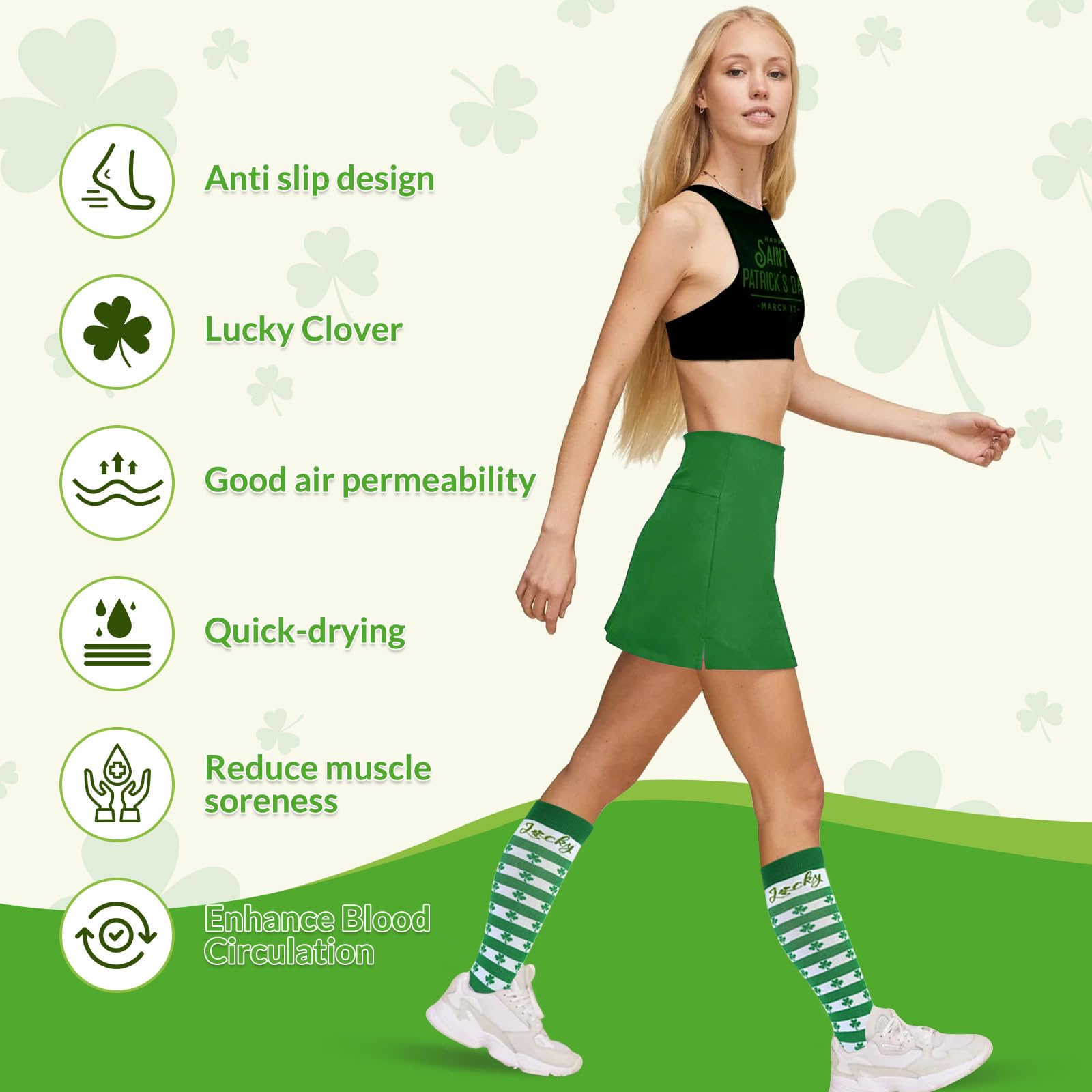 2 Pairs St. Patrick's Day Compression Socks for Women & Men - Lucky Shamrock Knee High Socks for Circulation & Comfort | Perfect for Irish Festivals, Workouts & Holiday Gifts