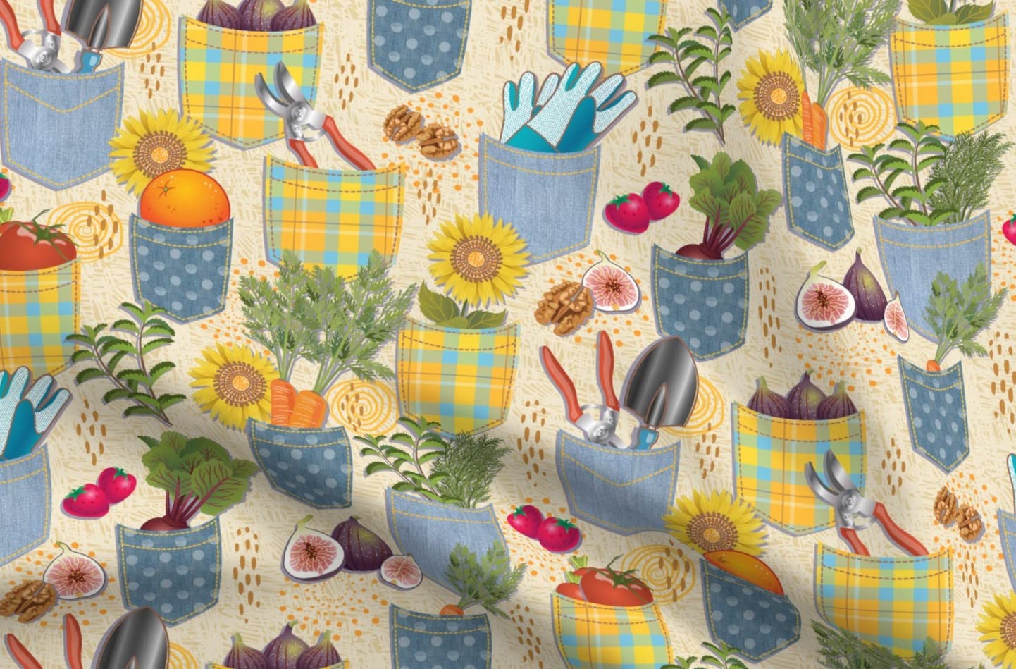 Organic Cotton Sateen Fabric - Sunflower Strawberries Print for Sewing & Quilting | Home Decor & Apparel