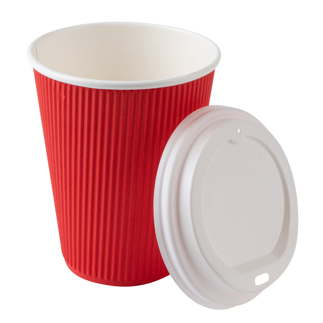 12 oz Red Paper Ripple Wall Coffee Cups with White Lids - 3.5
