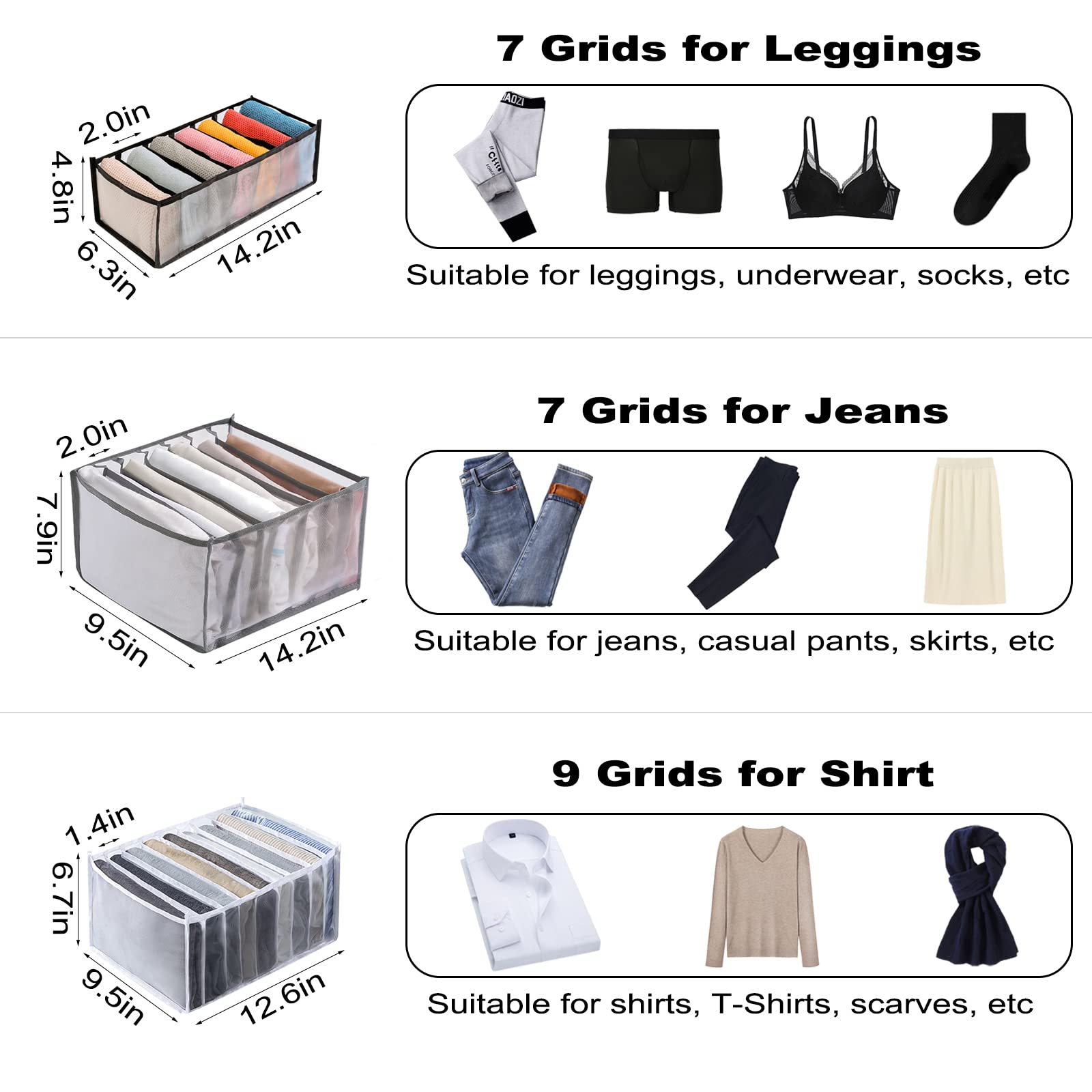 Evankin 2-Pack Large Wardrobe Organizers - 7-Grid Drawer & Closet Storage Bins for Jeans, Pants, Skirts - Breathable Nylon Mesh Fabric (Grey) | Space-Saving Solution for Bedroom, Closet & Dorm Organization