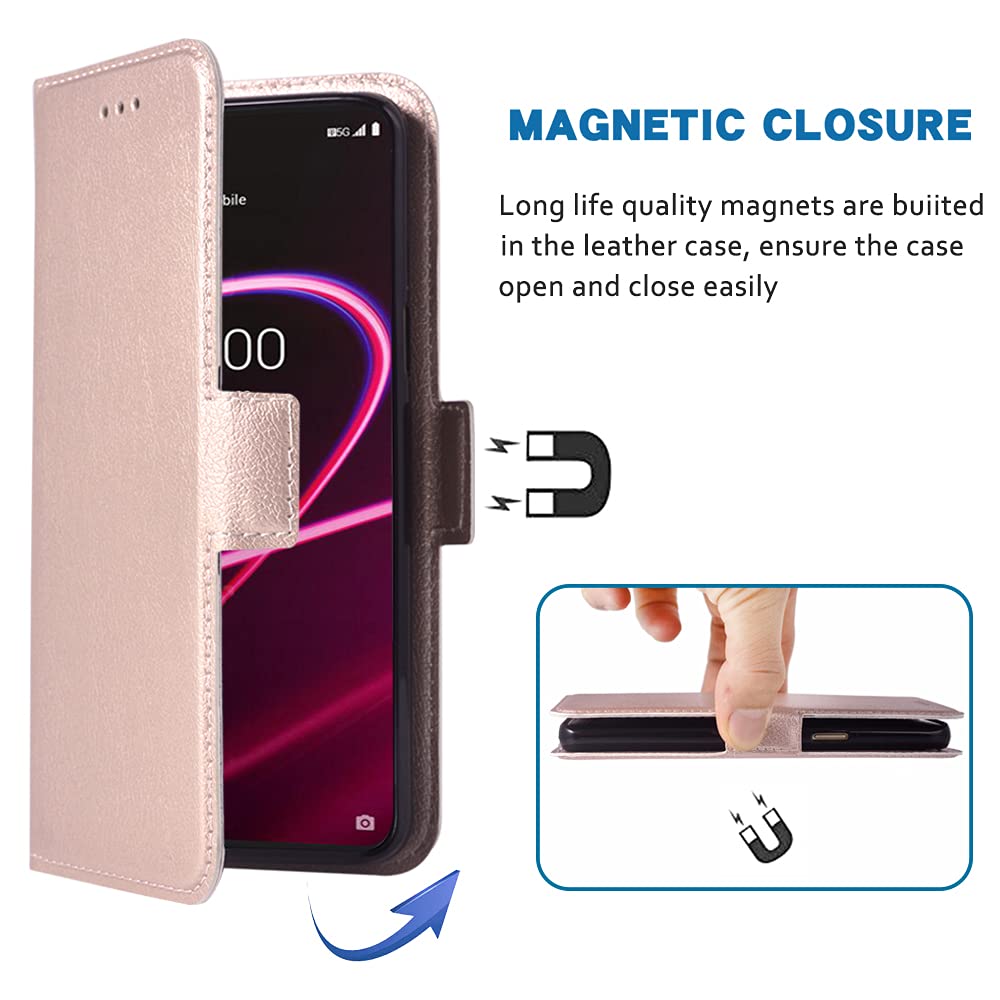 Premium Leather Wallet Case with Wrist Strap & Card Holder for T-Mobile Revvl 5G/TCL Revel G5 (T790W) - Rose Gold Flip Cover with Stand | Perfect for Daily Use, Travel & Hands-Free Convenience