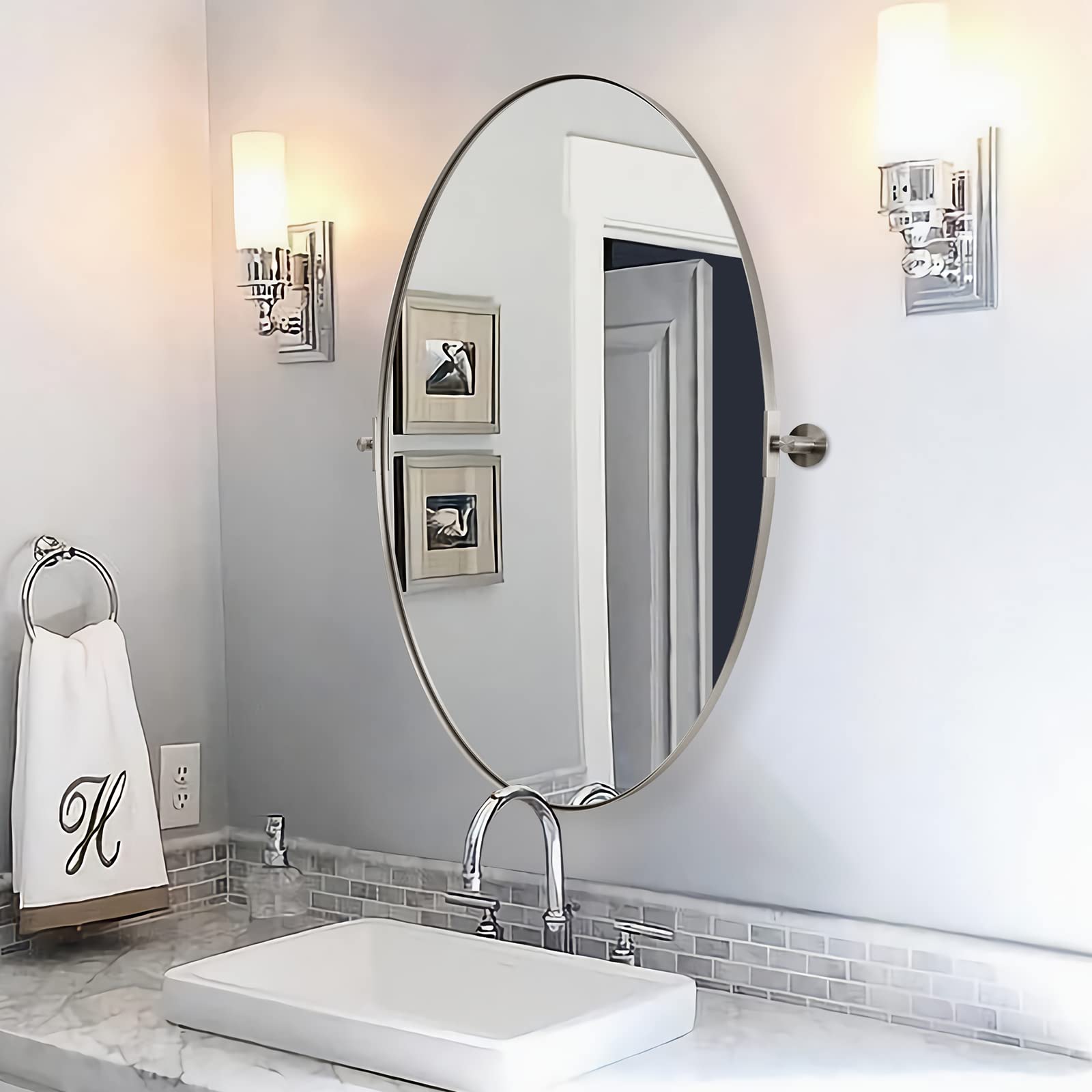 ANDY STAR Brushed Nickel Oval Pivot Bathroom Mirror - Stainless Steel Metal Frame Tilting Vanity Wall Mirror for Vertical or Horizontal Hanging - Perfect for Bathroom, Bedroom, Dressing Room and Home Decor