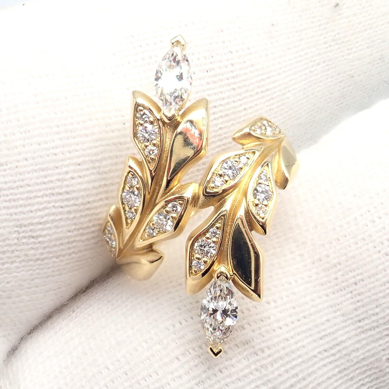 Authentic Tiffany & Co 18K Yellow Gold Diamond Victoria Vine Bypass Ring - Elegant Wedding Band, Anniversary Gift & Luxury Jewelry for Women