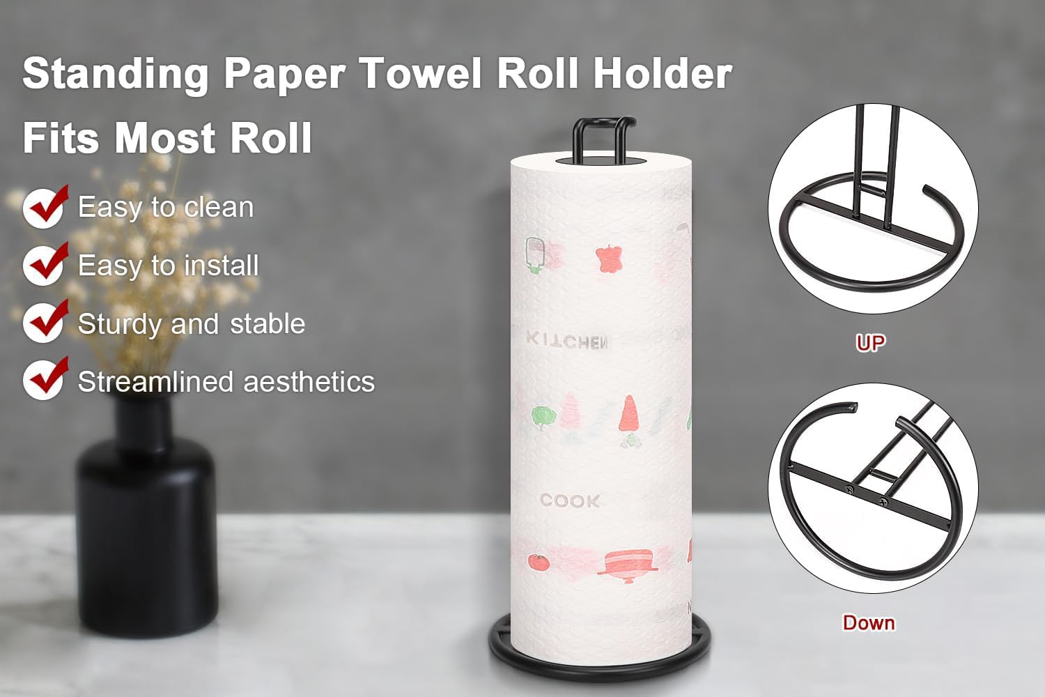 NearMoon Heavy Duty Metal Paper Towel Holder - Sturdy Countertop Dispenser for Standard & Jumbo Rolls - Matte Black Kitchen Organizer for Farmhouse, Living Room & Office Use (1 Pack)