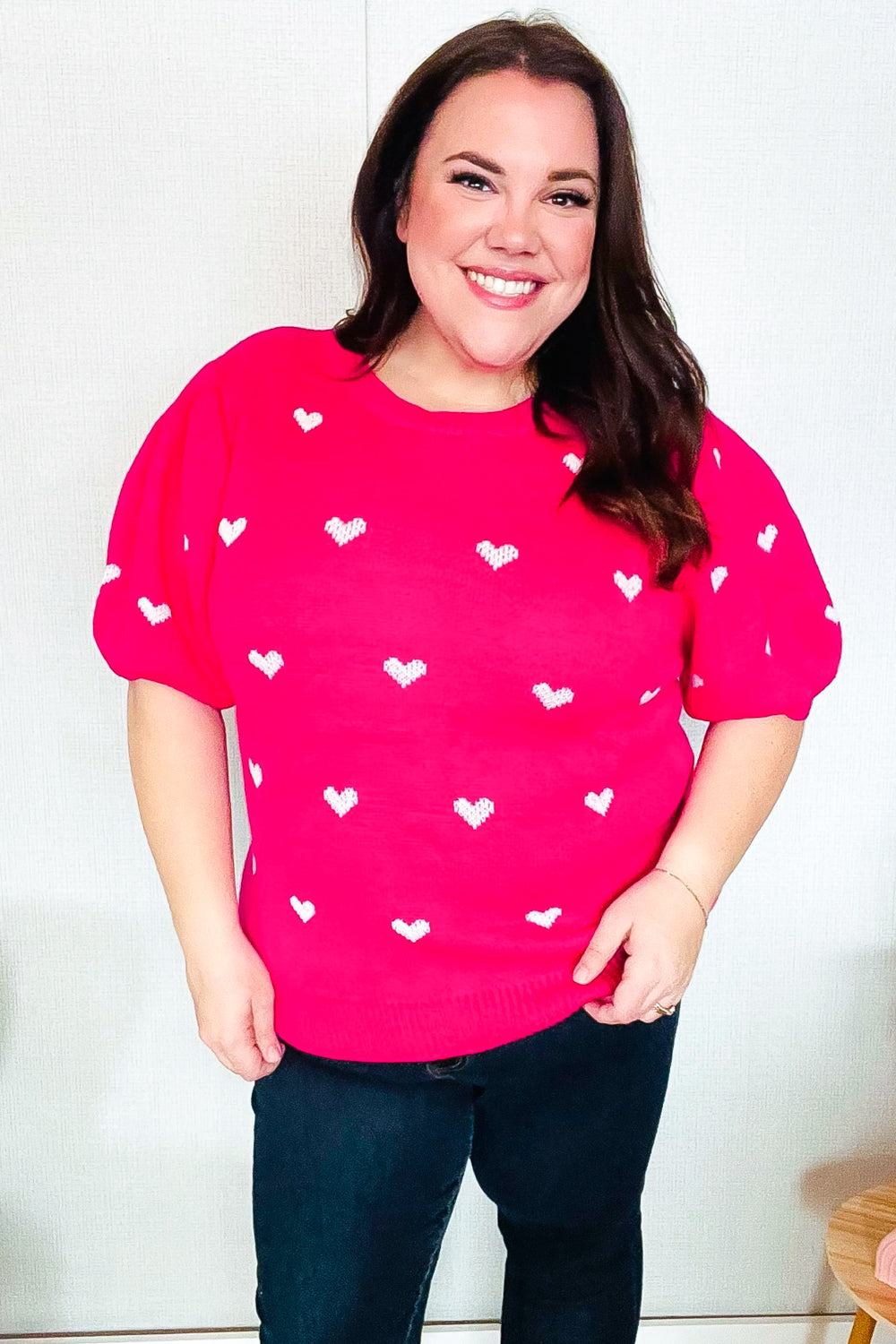 Be Mine Pink & White Heart Oversized Jacquard Sweater | Women's Valentine's Day Knit Pullover | Cozy Winter Fashion for Date Night & Casual Outings