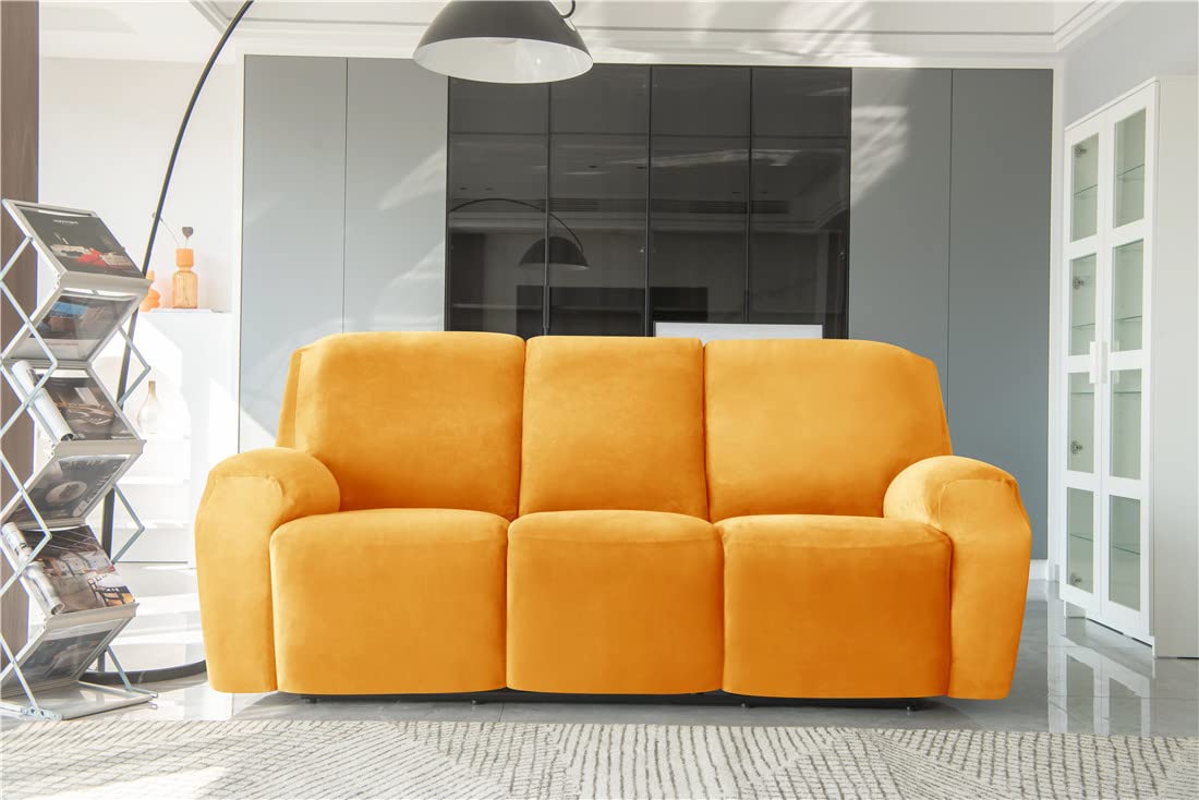 Velvet Recliner Sofa Slipcover - 8 Piece Stretch Furniture Protector for 3 Cushion Reclining Couch with Side Pockets | Machine Washable | Perfect for Living Room, Home Theater & Family Room Comfort
