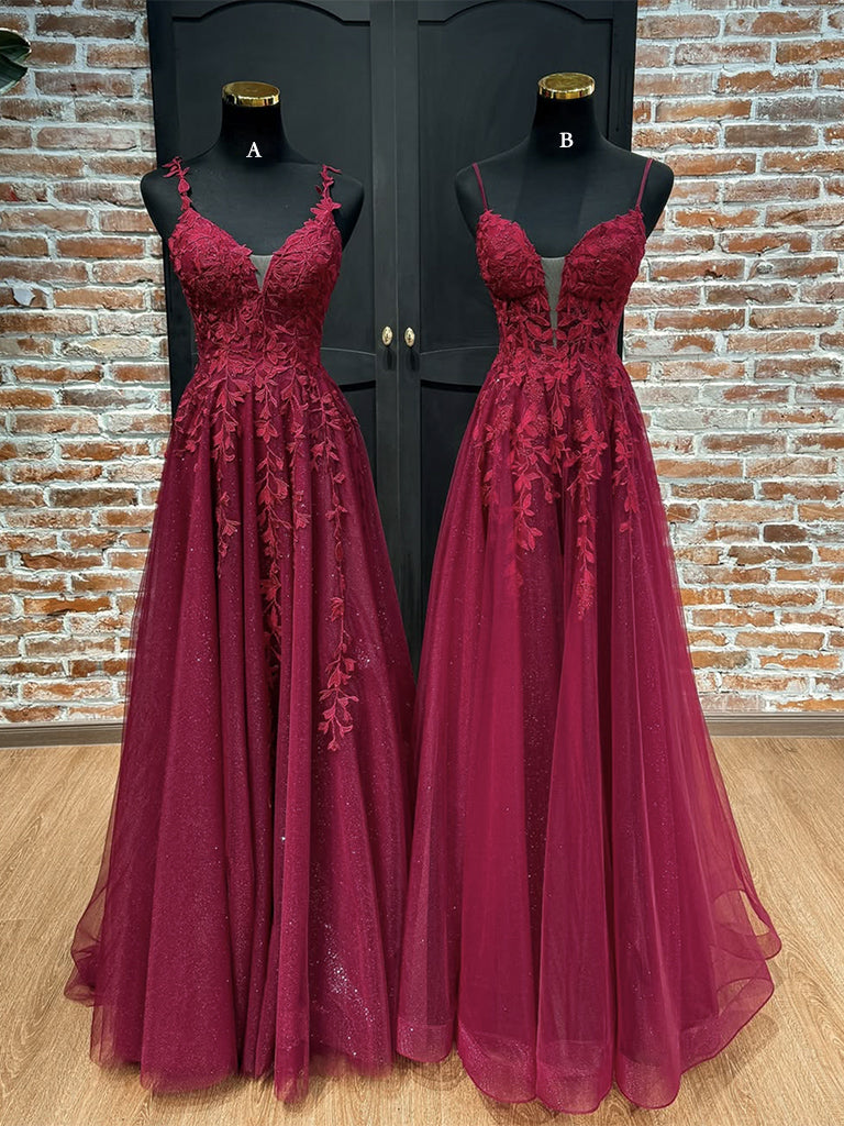 Elegant A-Line V-Neck Tulle Lace Burgundy Long Prom Dress - Formal Evening Gown for Homecoming, Wedding, and Special Occasions