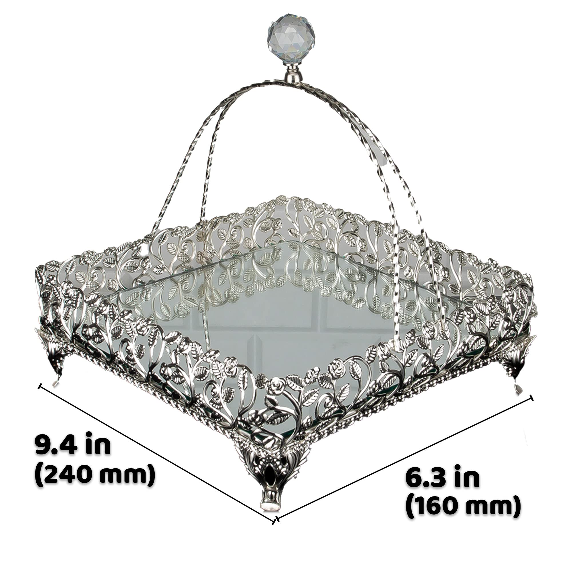 Handmade Silver Metal Filigree Mirror Tray - Small Square Vanity Tray for Perfume, Jewelry & Cosmetics | Elegant Dresser Organizer & Bathroom Decor Gift Idea for Women