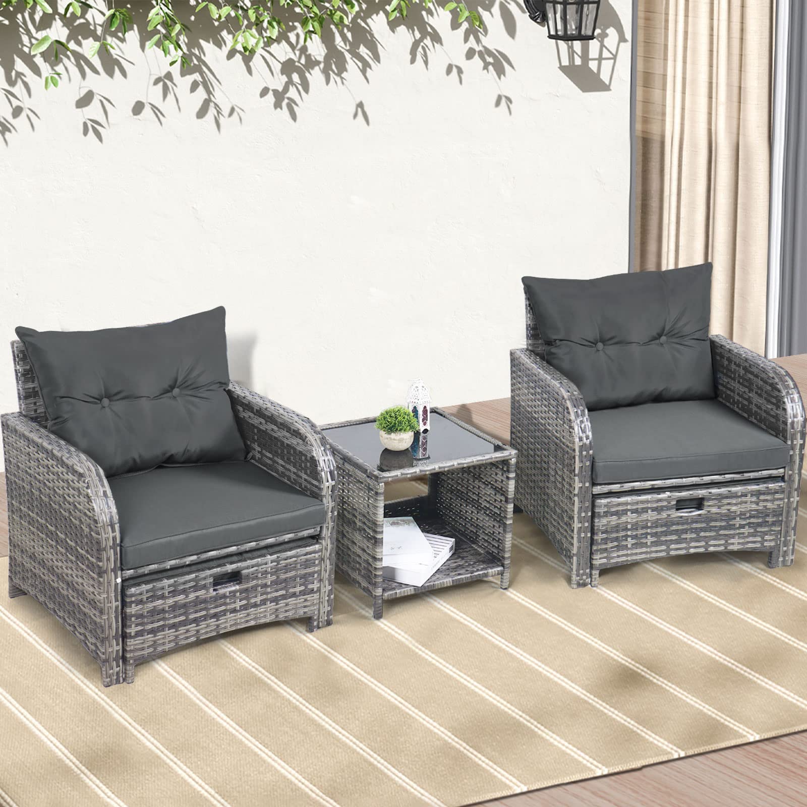 5-Piece Wicker Outdoor Patio Furniture Set with Ottoman - PE Rattan Garden Arm Chairs & Foot Rest for Poolside, Garden, Balcony - Grey - Perfect for Relaxing, Entertaining & Outdoor Lounging