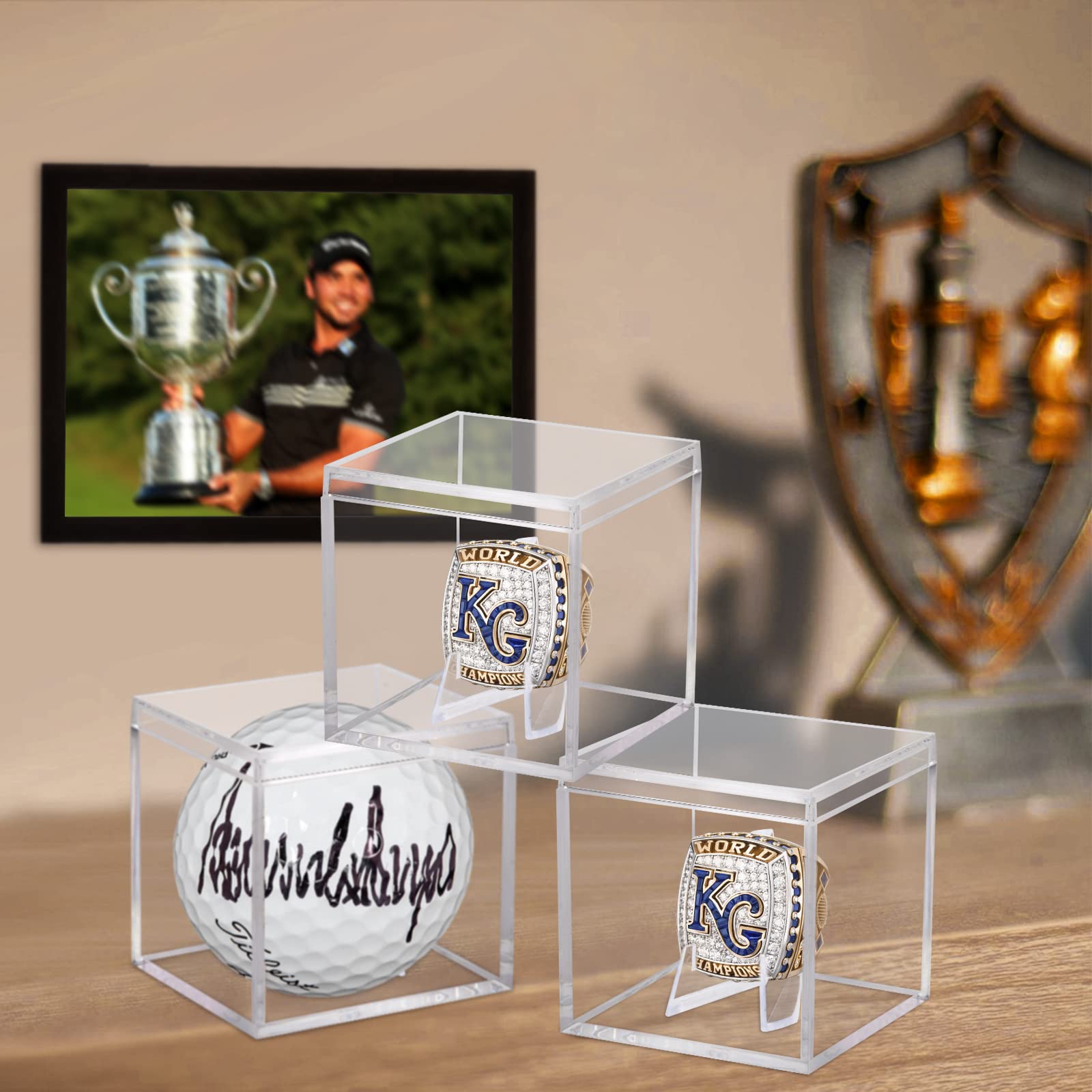 3-Piece Clear Acrylic Championship Ring Display Case with Mini Card Stand - Square Golf Ball Jewelry Storage Box for Sports Rings, Collectibles & Candy | Perfect for Trophy Displays, Retail Showcases & Gift Packaging