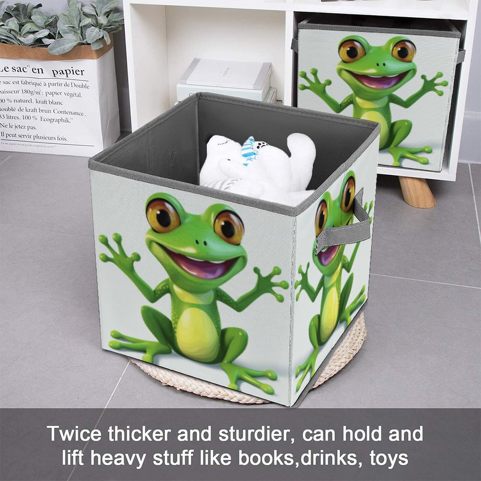 Collapsible Storage Cubes with Handles - 10.6×10.6 Inch Foldable Fabric Bins for Home Organization (Green Frog Print) - Perfect for Kids' Toys, Closet Storage & Nursery Decor