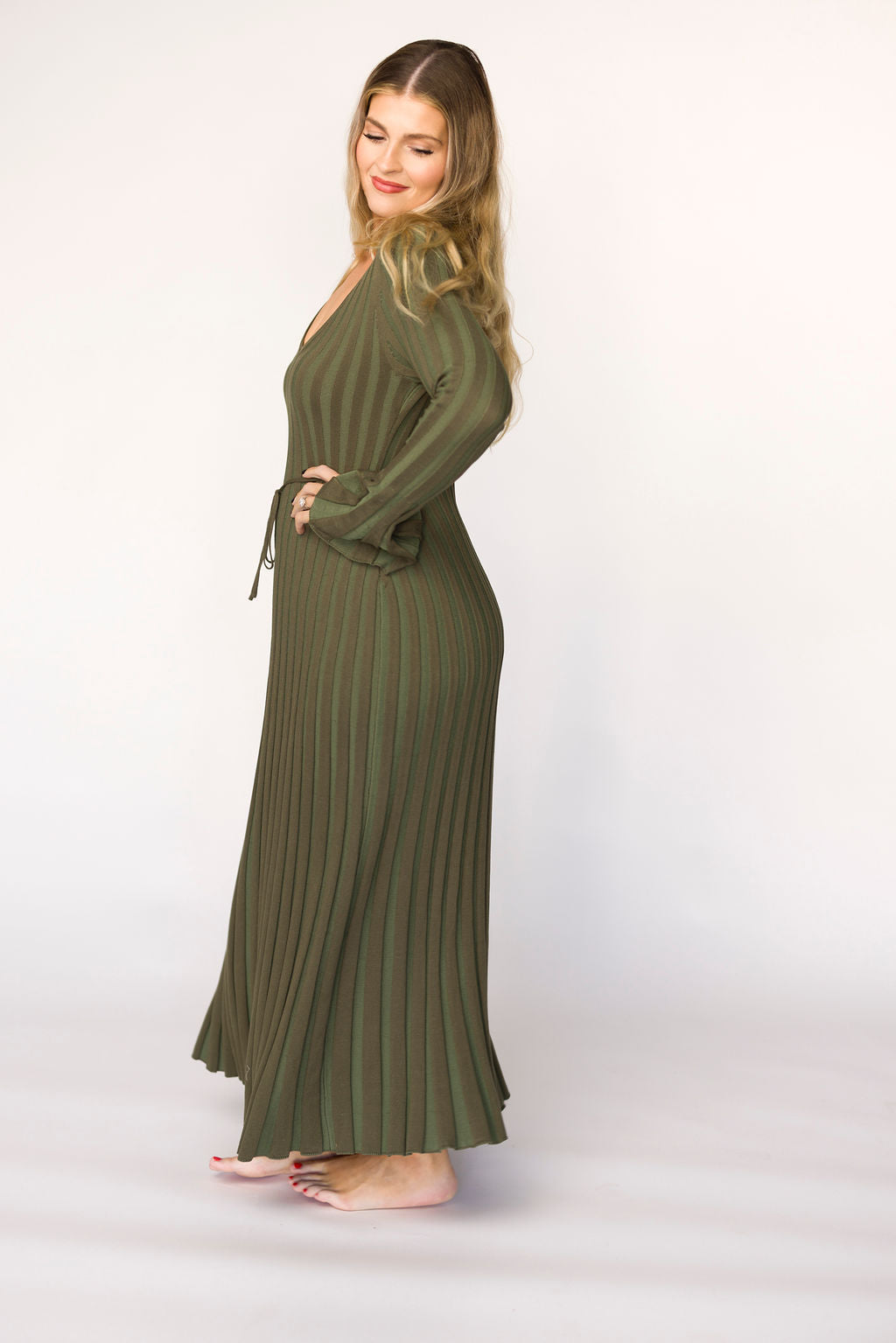 Hadley Long Sleeve V Neck Knit Maxi Dress in Olive - Bump Friendly Maternity Dress for Pregnancy, Nursing & Postpartum | Comfortable Stretchy Fabric for Casual Wear, Date Night & Special Occasions