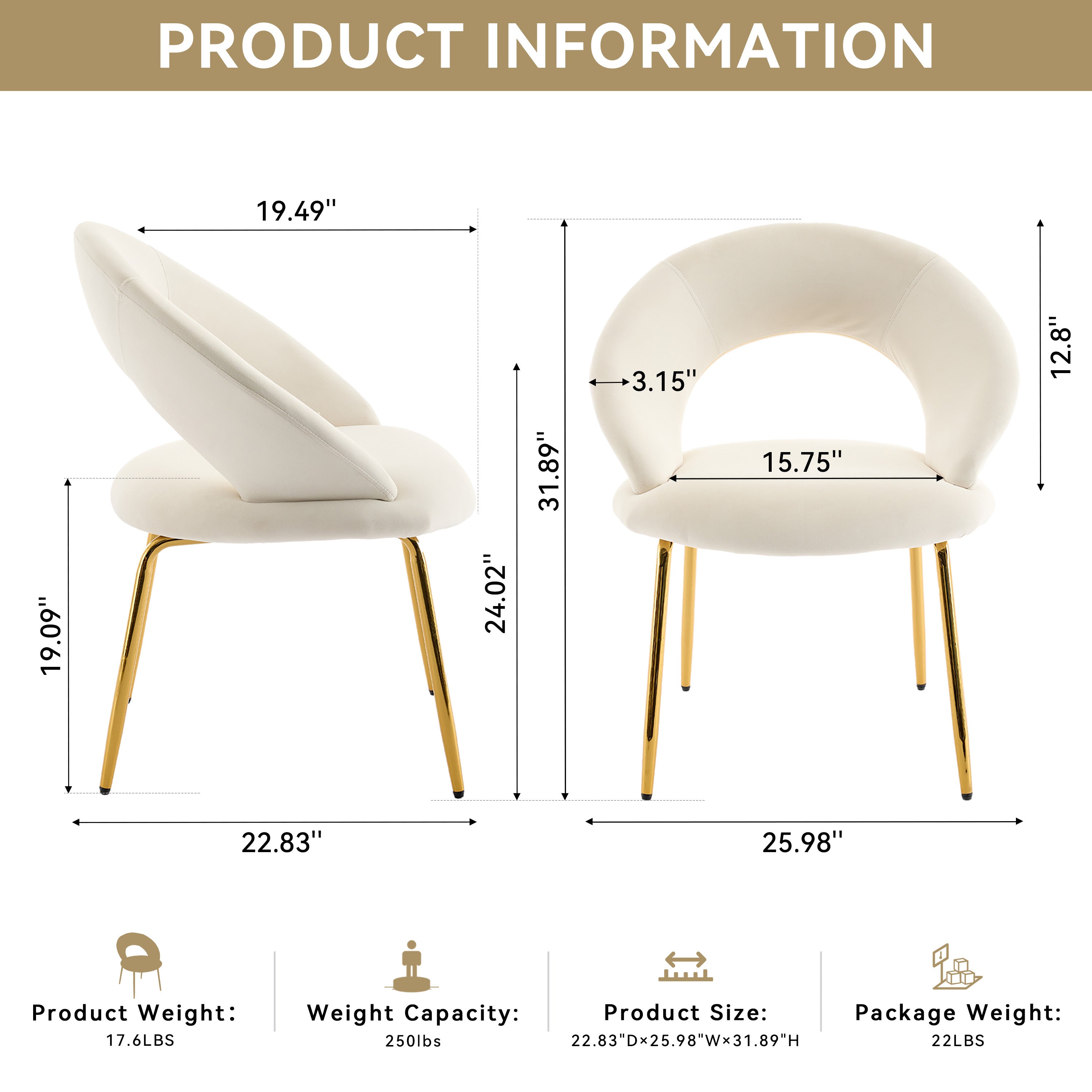 Velvet Dining Chairs Set of 1 - White Upholstered Kitchen Chairs with Curved Backrest & Gold Metal Legs for Dining Room, Restaurant or Home Decor