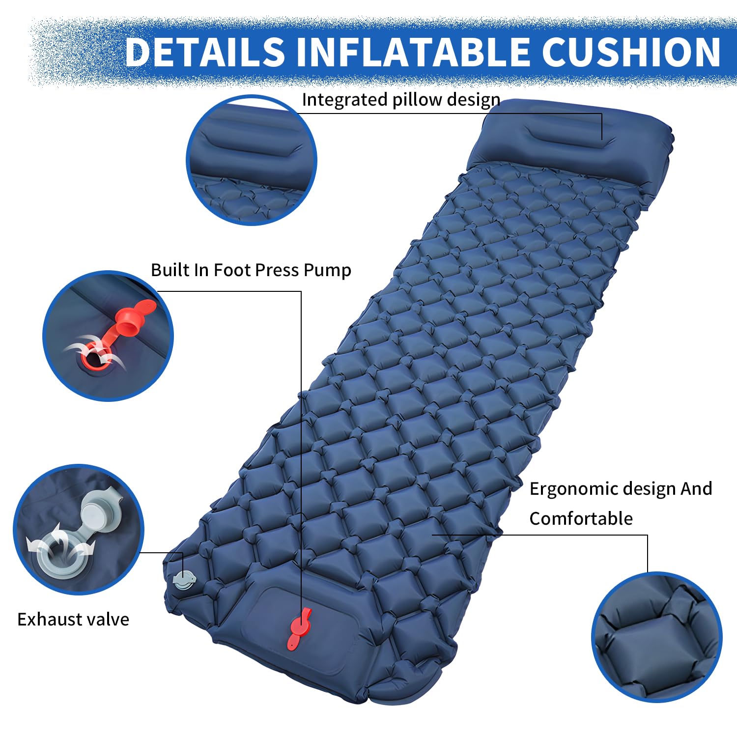 Ultra-Light Inflatable Camping Sleeping Pad with Built-in Foot Pump & Pillow - Portable Air Mattress for Backpacking, Hiking, Travel - Perfect for Outdoor Adventures - Dark Blue