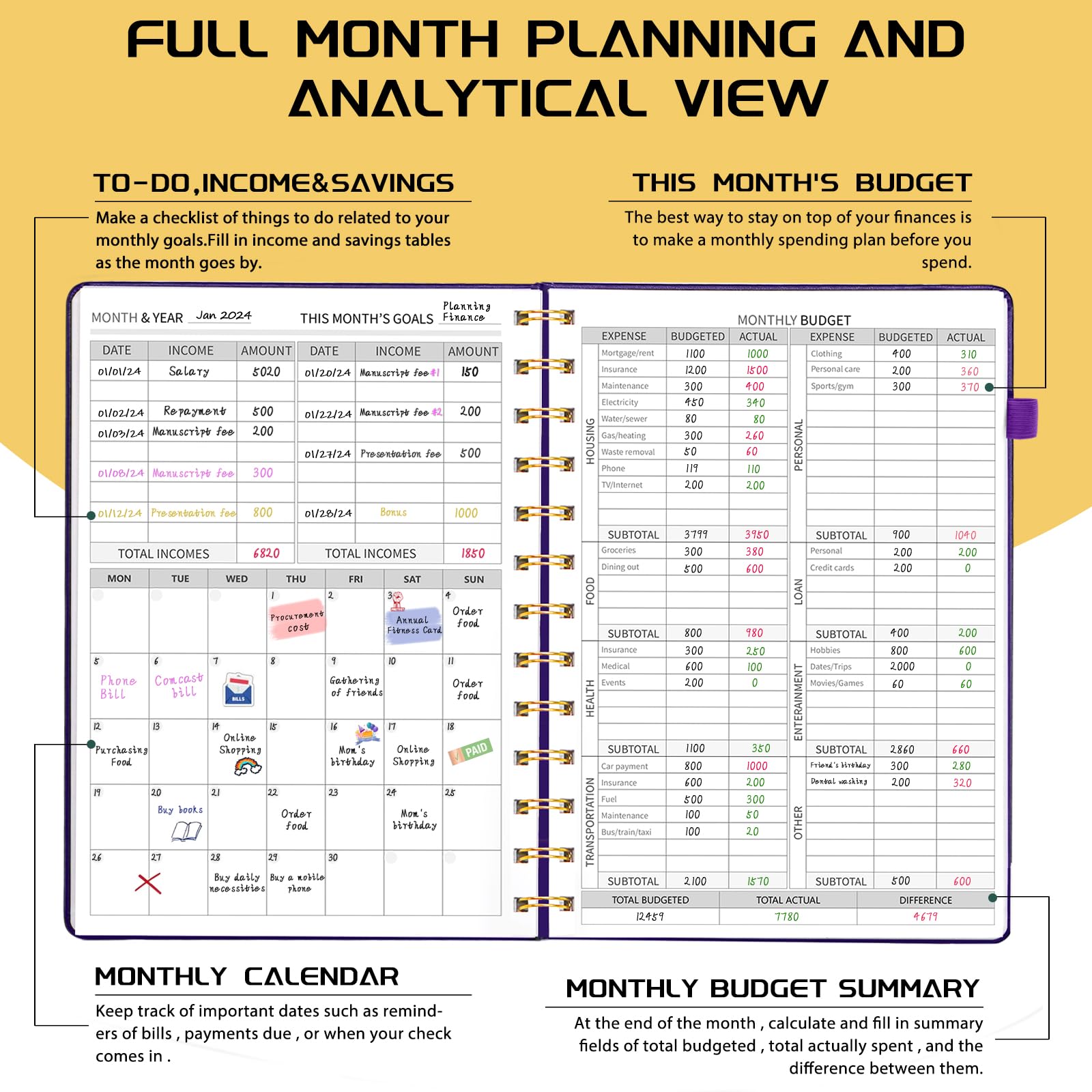 2025-2026 Budget Planner with Monthly Bill Organizer & Expense Tracker - Undated Financial Journal for Money Management, Purple Medium Size 5.5