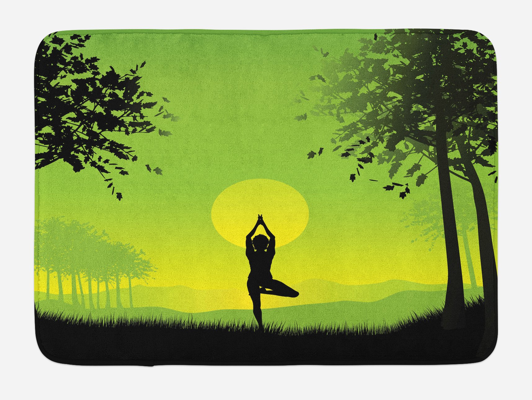 Ambesonne Non-Slip Yoga Bath Mat - Meditating Lady Under Sunset Sky Forest Design, Plush Bathroom Decor Mat 30.2