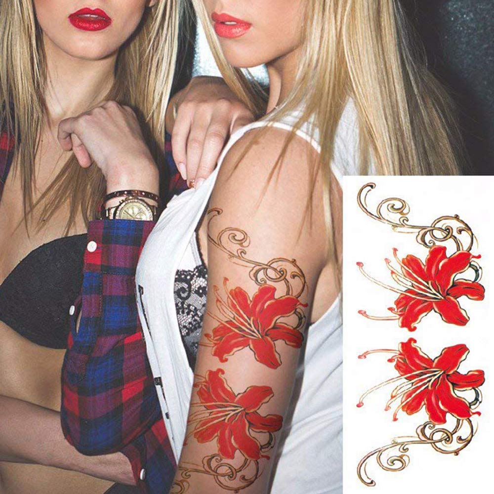 8 Pcs Large Flower Temporary Tattoos for Women & Girls - Waterproof Fake Body Stickers (Rose, Blue Rose) - Perfect for Parties, Festivals & Summer Beach Looks