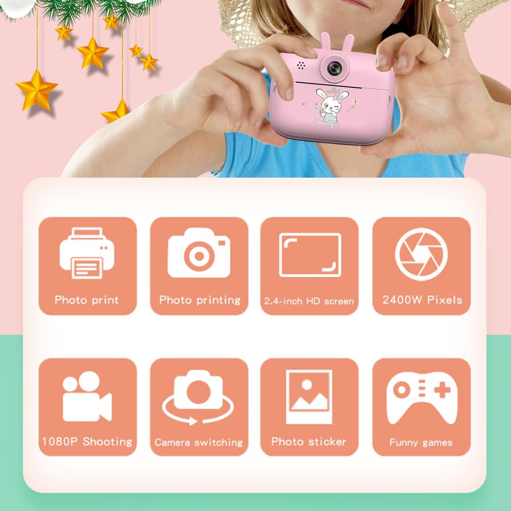 Kexpery Kids Instant Print Camera - Portable Thermal Photo Printer for Children, Cartoon Design, Fun Birthday Gift for Boys & Girls (Pink) | Perfect for Parties, Travel & Creative Play