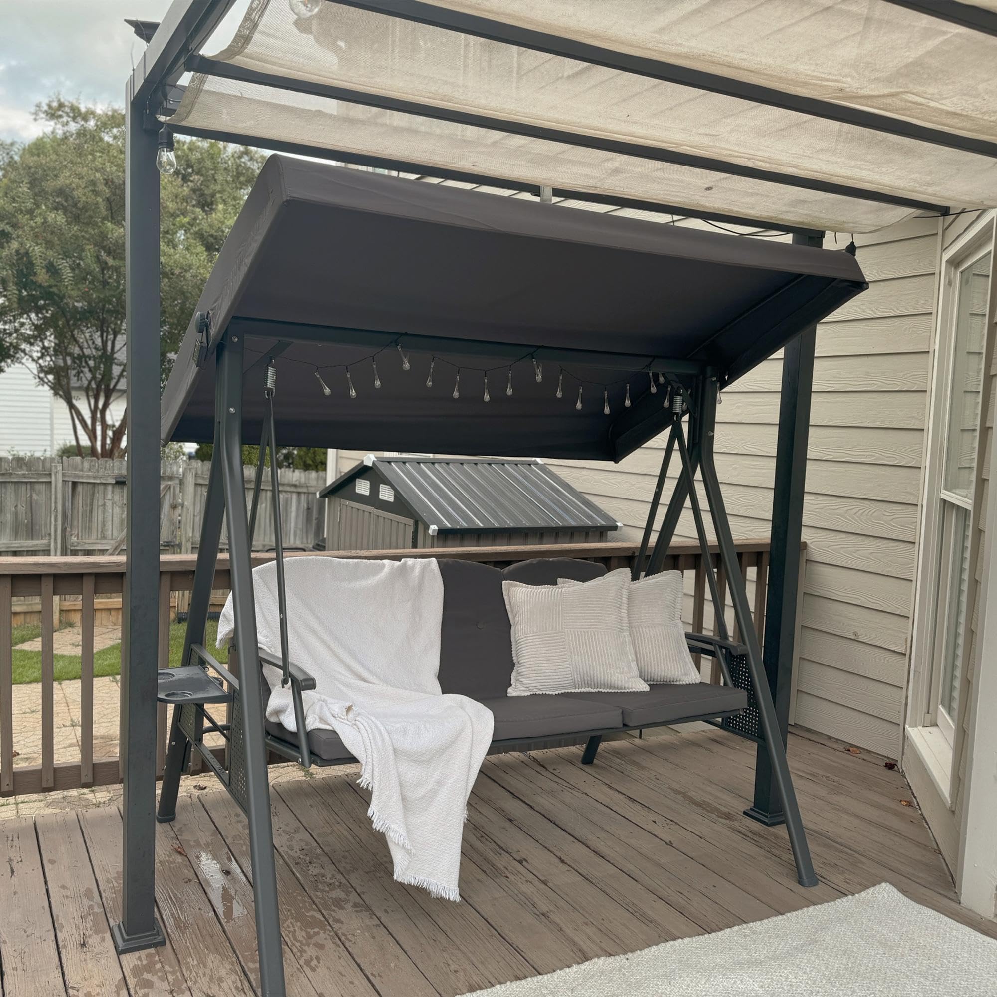 PURPLE LEAF 3-Seater Outdoor Patio Swing with Stand - Adjustable Canopy, All-Weather Steel Frame & Included Cushions - Perfect for Backyard, Porch, Garden Relaxation (Grey)