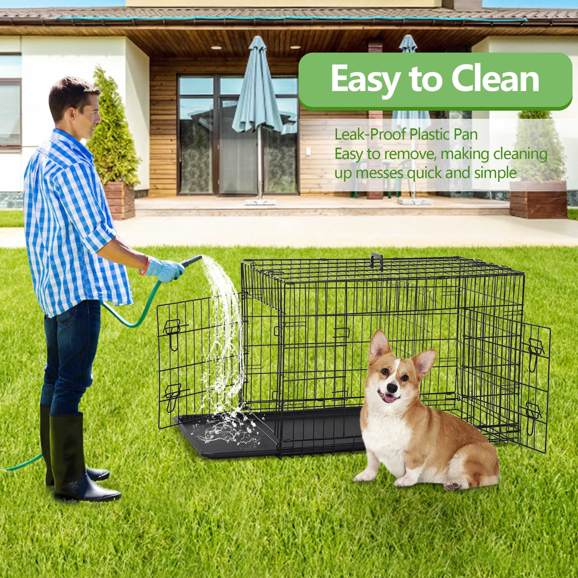 36'' Foldable Metal Wire Dog Crate with Double Door & Double Lock - Portable Collapsible Dog Cage with Leak-Proof Pan, Divider & Handle - Indoor Kennel for Medium Dogs - Perfect for Home, Travel & Training Use