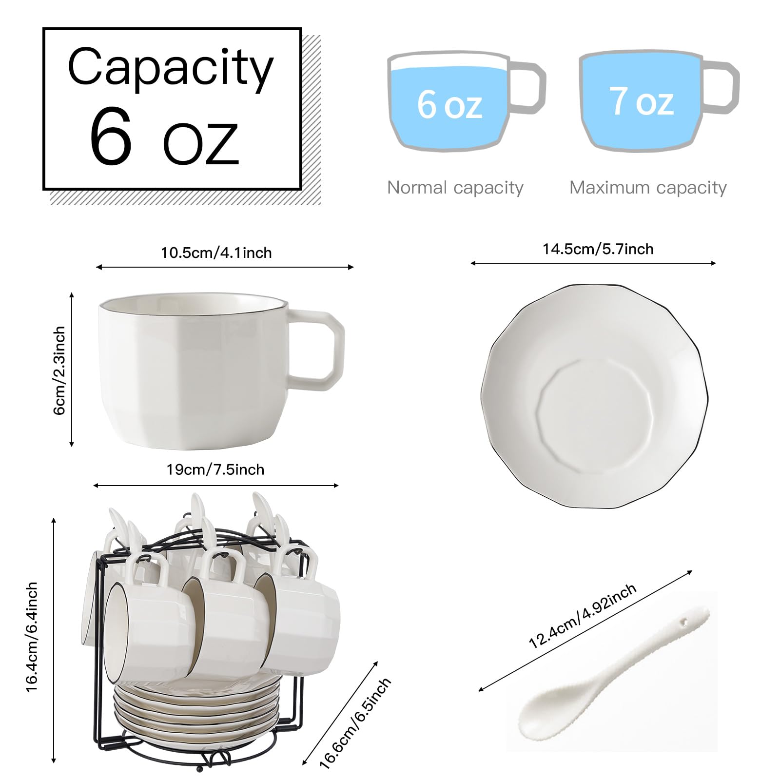 Premium 7 oz Porcelain Cappuccino Cups and Saucers Set of 6 - Elegant White with Black Trim for Specialty Coffee Drinks, Latte, Americano & Tea - Perfect for Home Cafes, Coffee Shops & Gifts