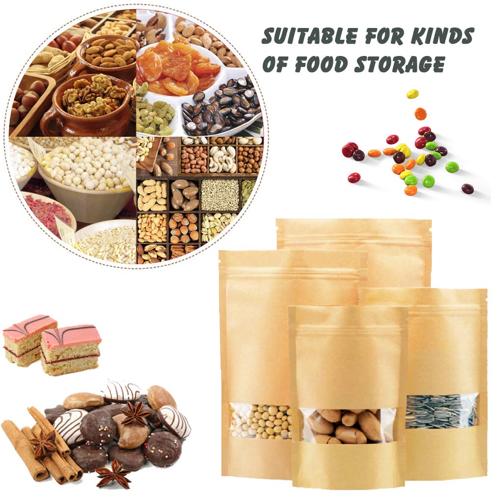 100 Pcs Resealable Kraft Paper Bags with Window - 3.5