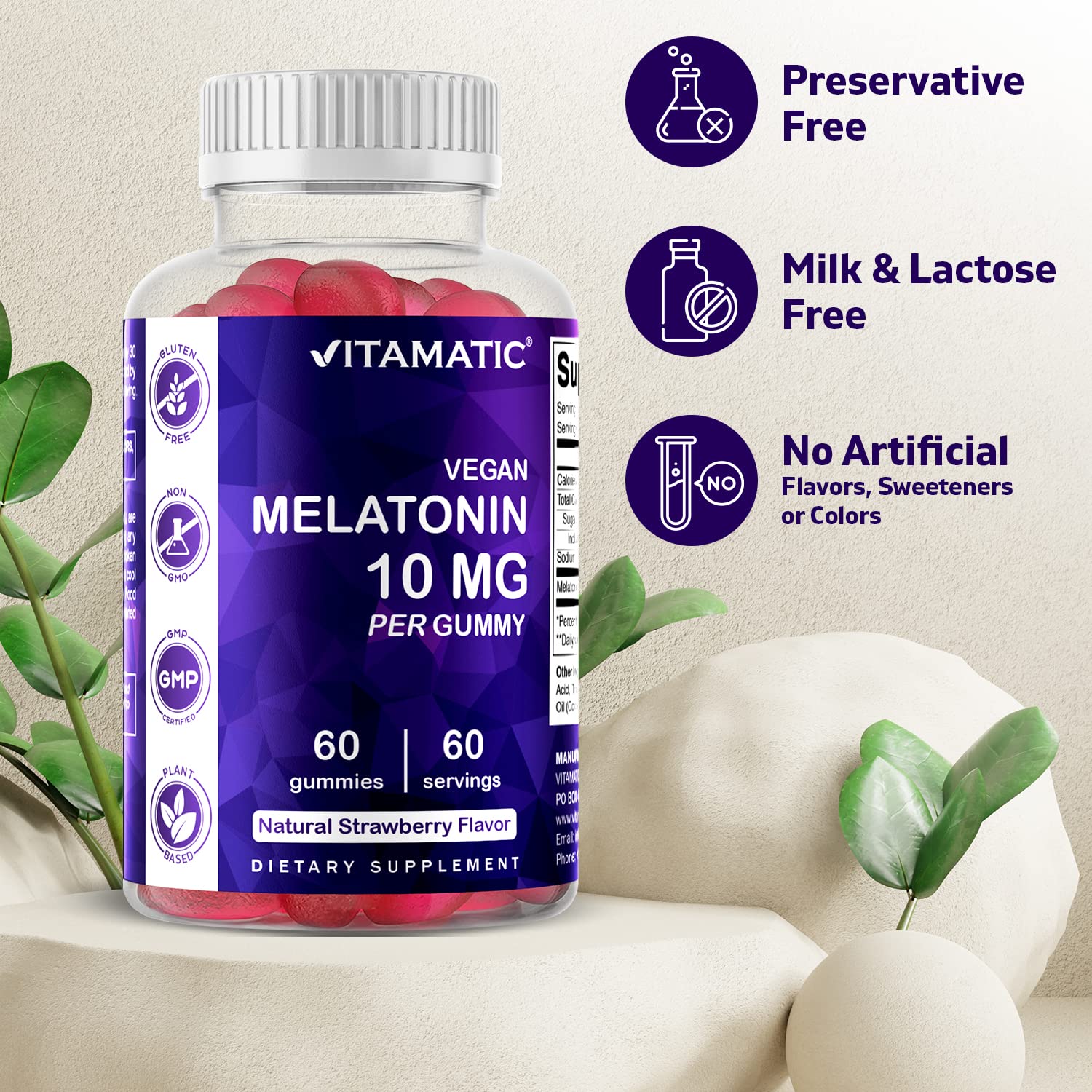 Vitamatic Melatonin 10mg Vegan Gummies - Non-Habit Forming Sleep Aid, 60 Gummies per Bottle (2 Pack, 120 Total) - Perfect for Jet Lag & Nighttime Relaxation