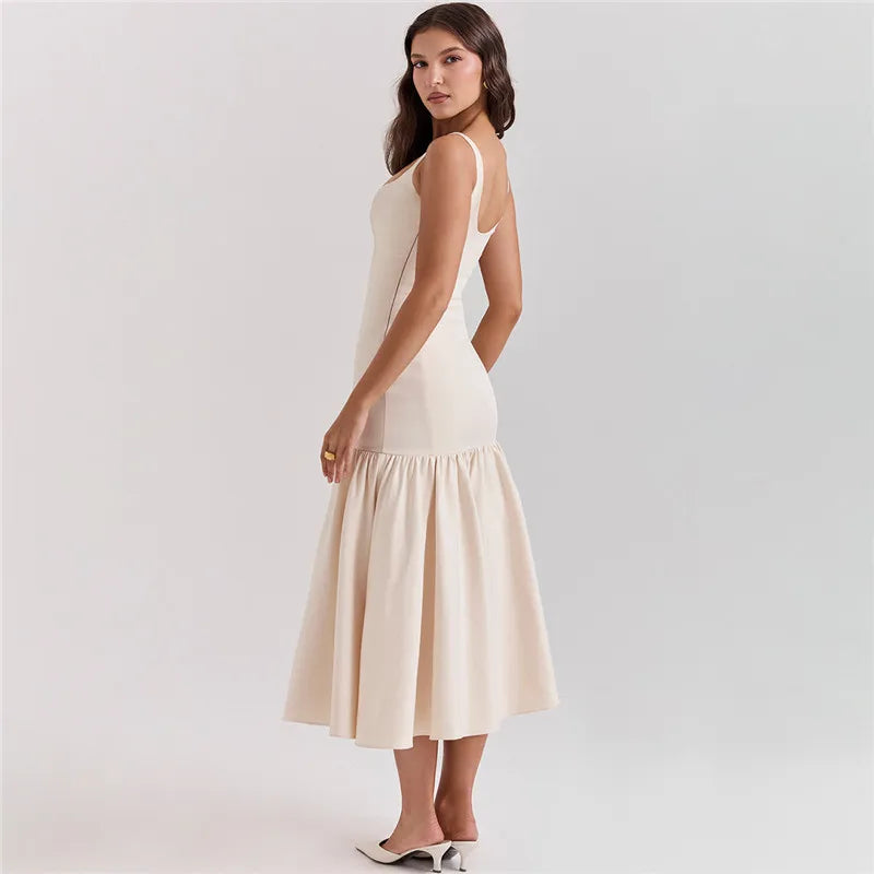 Elegant Backless Maxi Fishtail Dress for Women - Square Collar Sleeveless Loose Pleated Long Gown | Perfect for Evening Parties, Weddings & Special Occasions