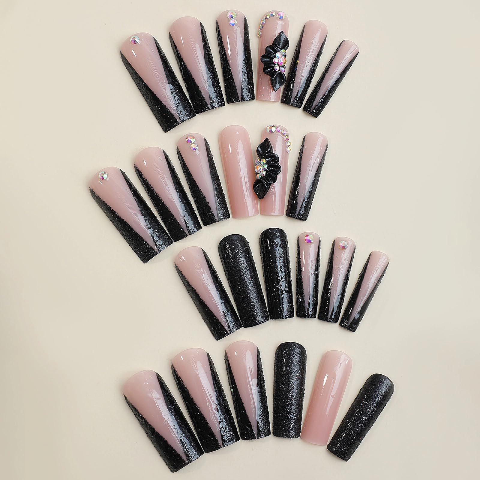 MISUD Long Square Press On Nails - Glossy Black Glitter French Tip with Acrylic Flower Rhinestone Design, 24pcs False Nails for Women, Perfect for Parties, Weddings & Special Occasions